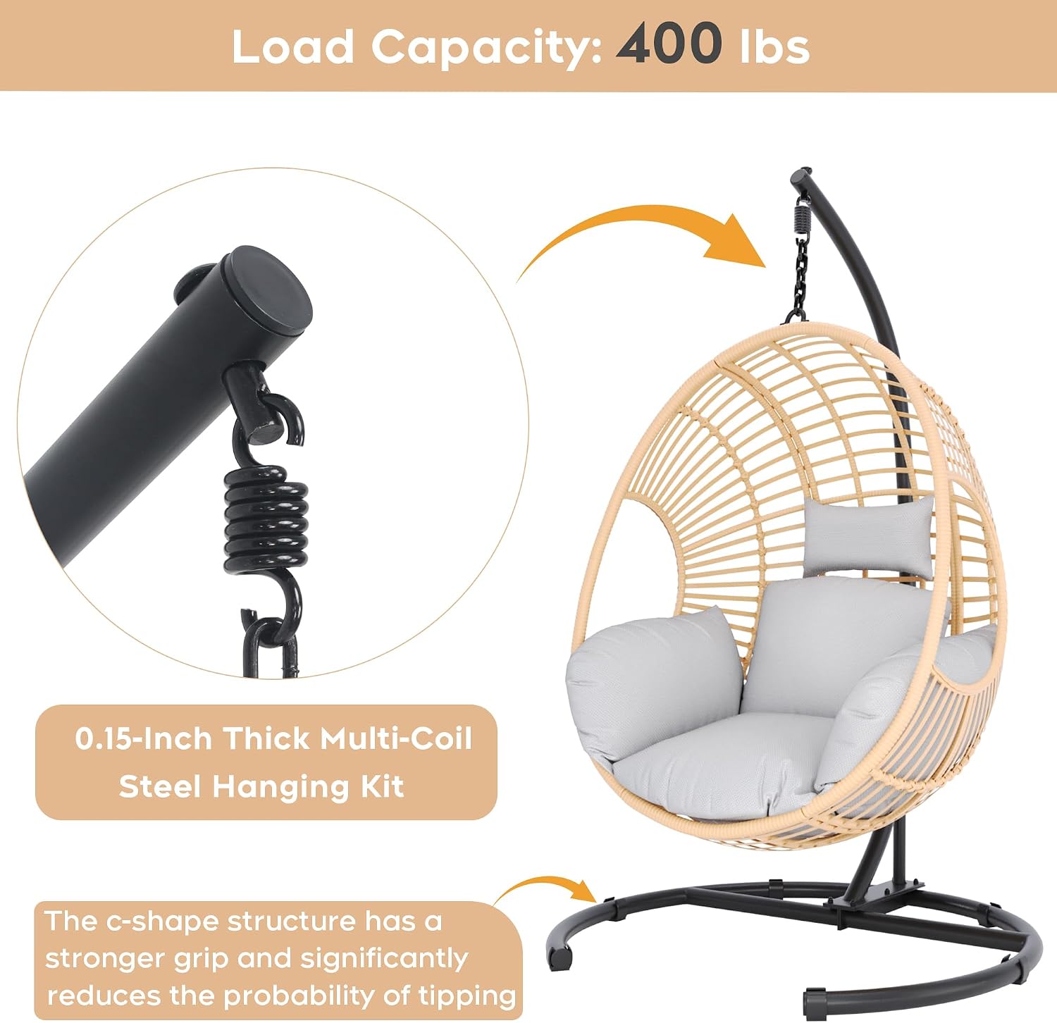 Hanging Egg Chair with Stand, Outdoor Swing Egg Chair with Rain Cover, 400 LBS Capacity All-Weather PE Wicker Swing Chair with Waterproof Cushions