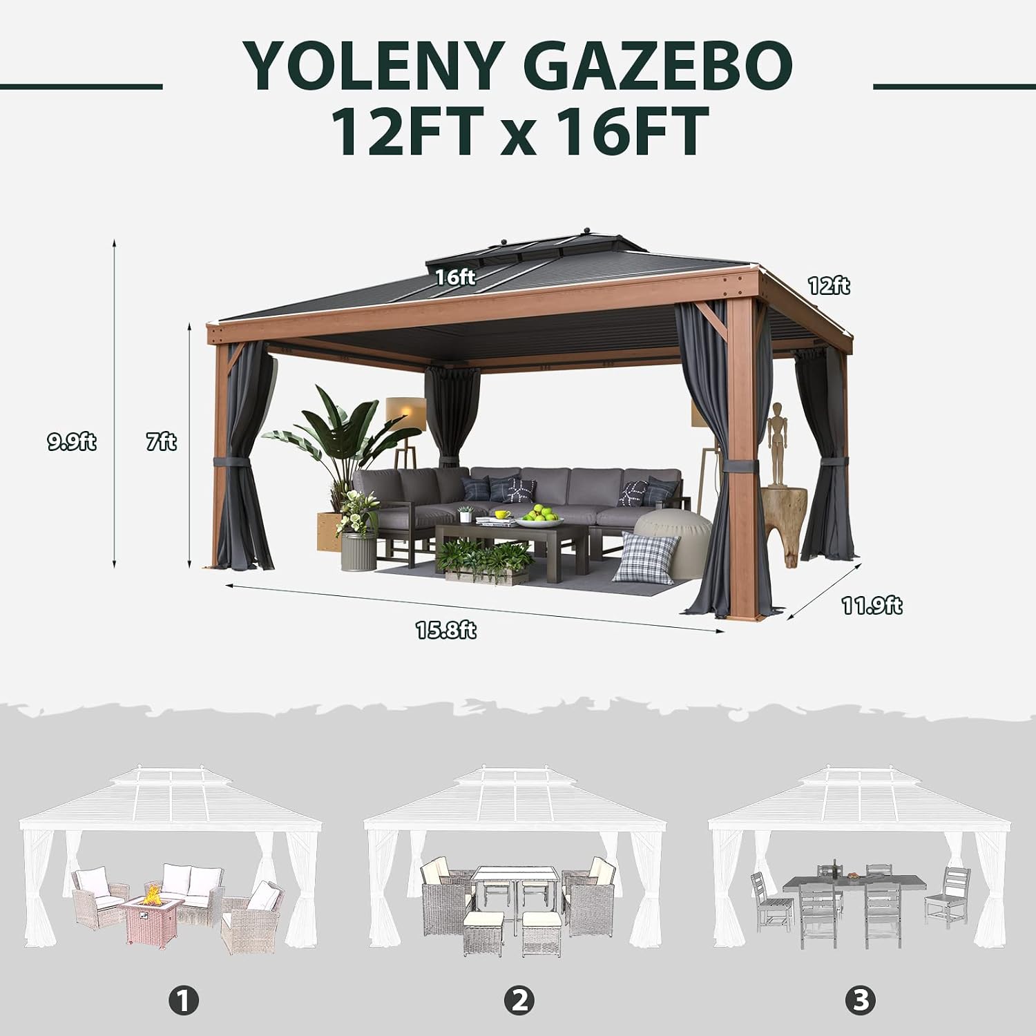 YOLENY 12'x16' Gazebo Wood Grain Aluminum Frame Hardtop Gazebos with Galvanized Steel Roof, Curtains and Nettings for Backyard,Patio and Garden