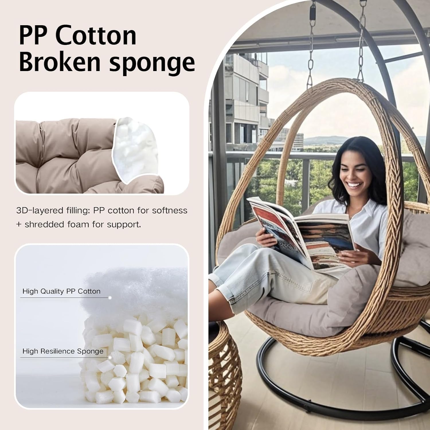 Thickened Waterproof Papasan Rocking Chair Cushion – 6.3'' Patio Egg Chair Pad with Ties, Outdoor/Indoor Rattan Hammock Chair Cushion for Porch, Garden, Balcony (Only Cushion) (Beige)