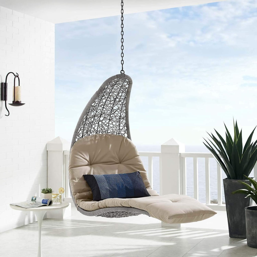Modway Landscape Wicker Rattan Outdoor Patio Porch Chaise Lounge Hanging Swing Chair in Light Gray, Beige