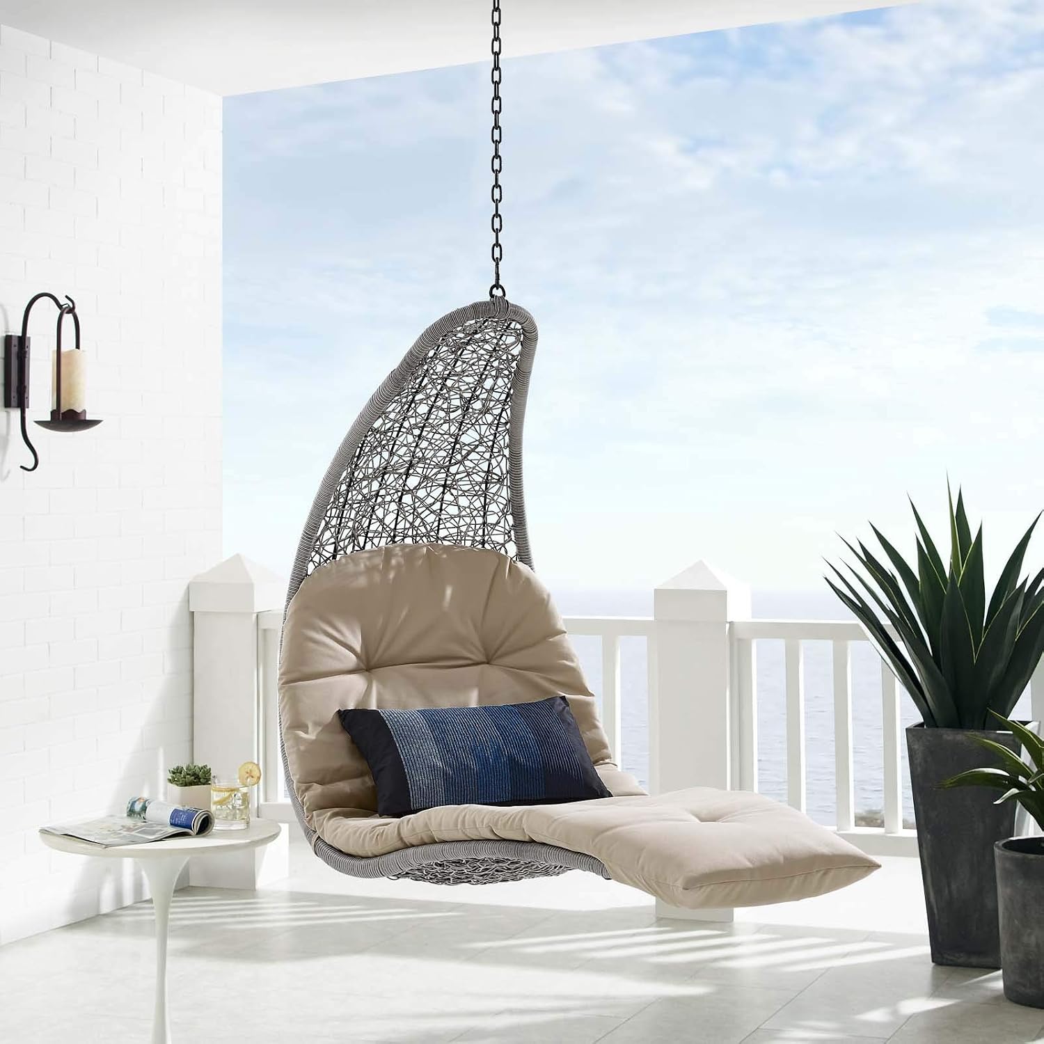 Modway Landscape Wicker Rattan Outdoor Patio Porch Chaise Lounge Hanging Swing Chair in Light Gray, Beige