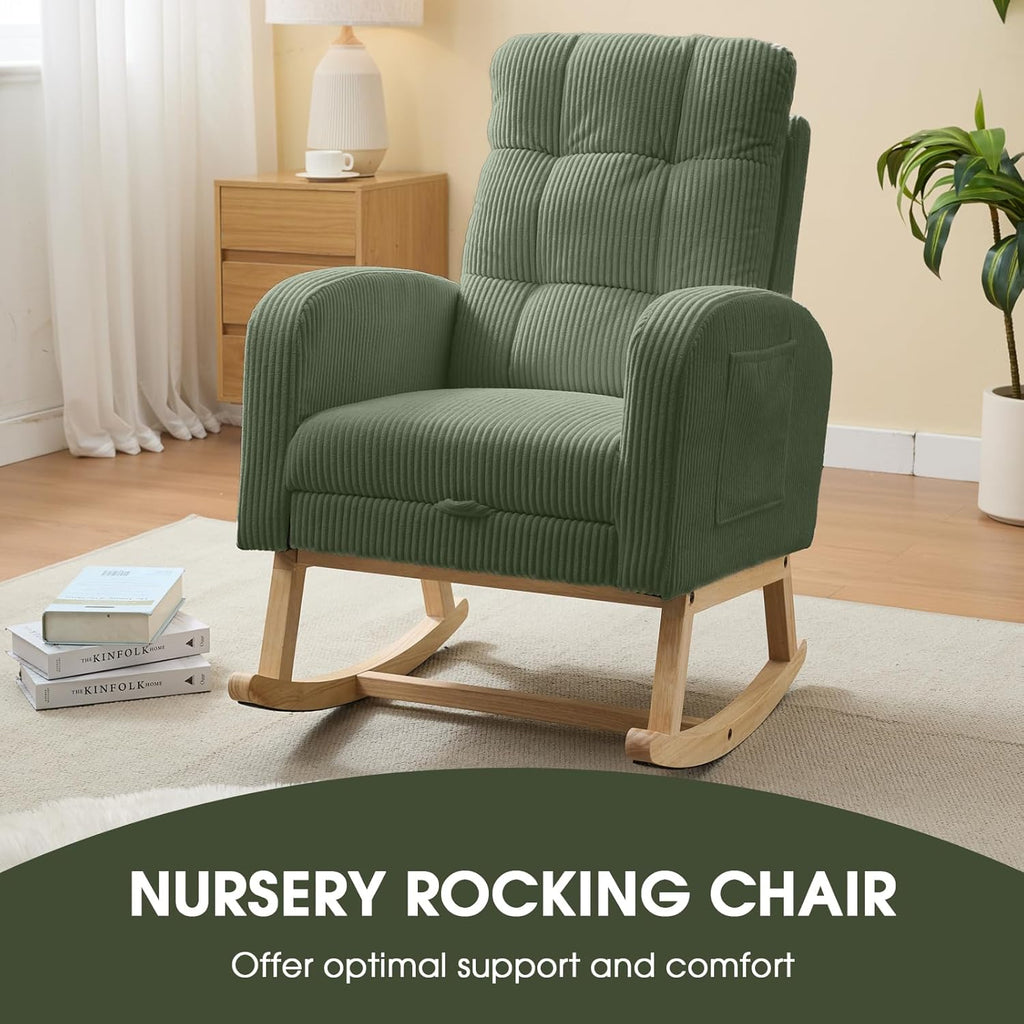 NIOIIKIT Nursery Rocking Chair, Corduroy Upholstered Rocking Chair with Adjustable Footrest, Tufted Rocker Chair with Side Pocket, Glider Rocker for Living Room, Bedroom (Green Retro)