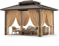 COBIZI 10x12 Hardtop Aluminum Gazebos with Galvanized Steel Double Roof Metal Gazebo with Curtains and Netting Permanent Steel Gazebo for Backyard, Garden and Patio, Brown