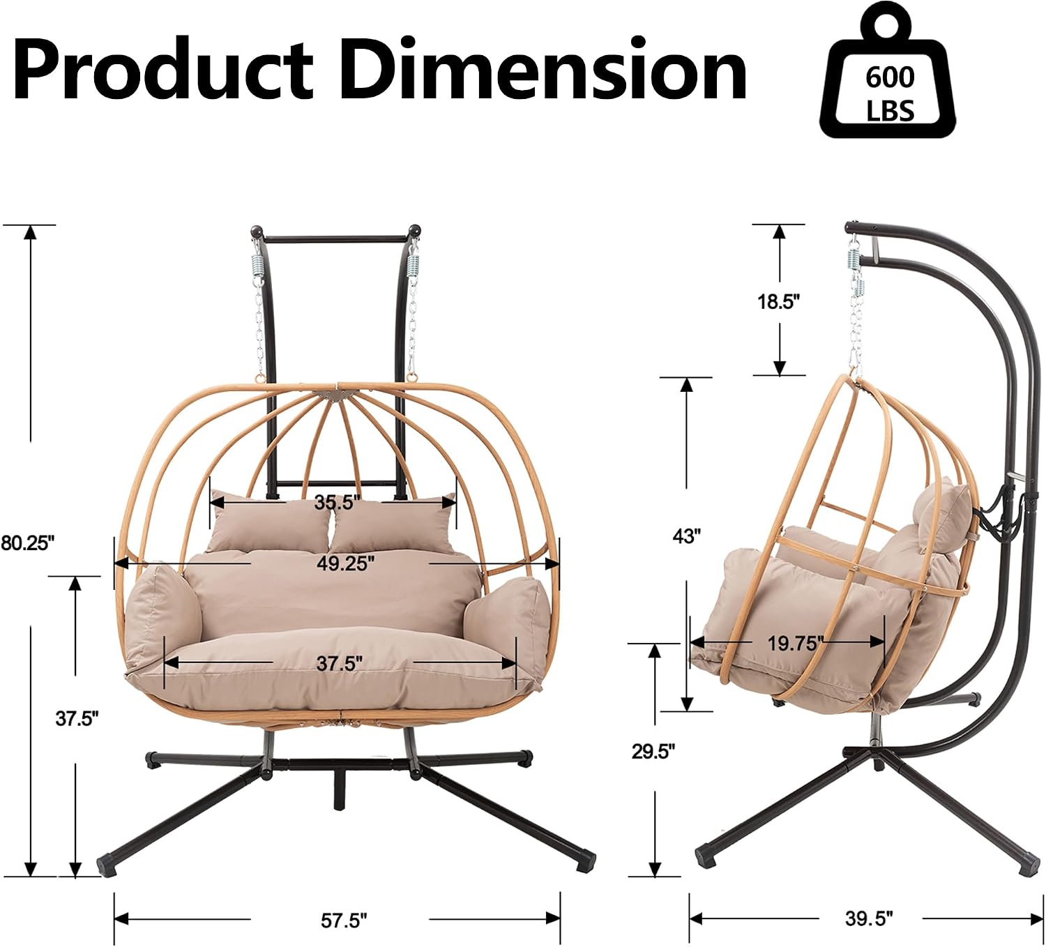 Double Egg Chair Outdoor, Egg Swing Chair with Stand, Hanging Swing Chair Outdoor with Cushions/Headrest, 80' H Hanging Chairs with Stand Indoor, Metal Basket Swing Egg Chairs for Deck, Brown