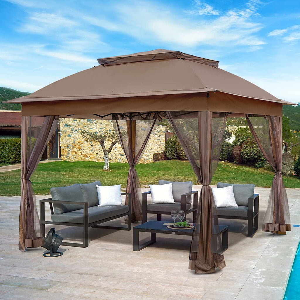 11x11 Pop Up Gazebo Tent with Mesh Netting, Instant Outdoor Canopy with UPF 50+ UV Protection, Water Resistant, Brown