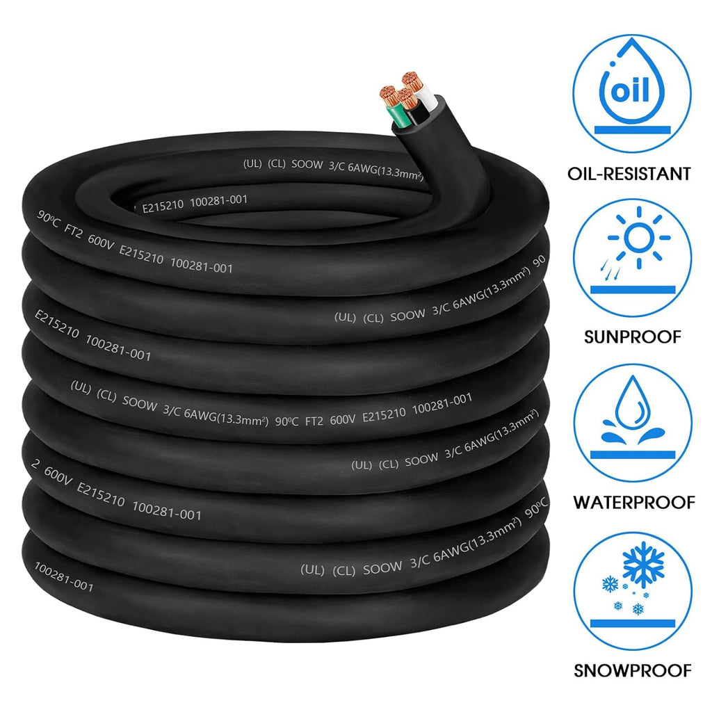 50ft 6/3 Wire SOOW Cable 6/3 Electric Wire 6AWG 600V Portable Power Cable with UL,Total 3 Conductor 6 Gauge SOOW Extension Cord SOOW Bulk Cord for Industrial-Generator,Welder,EV Charger,Outer Dia 26mm