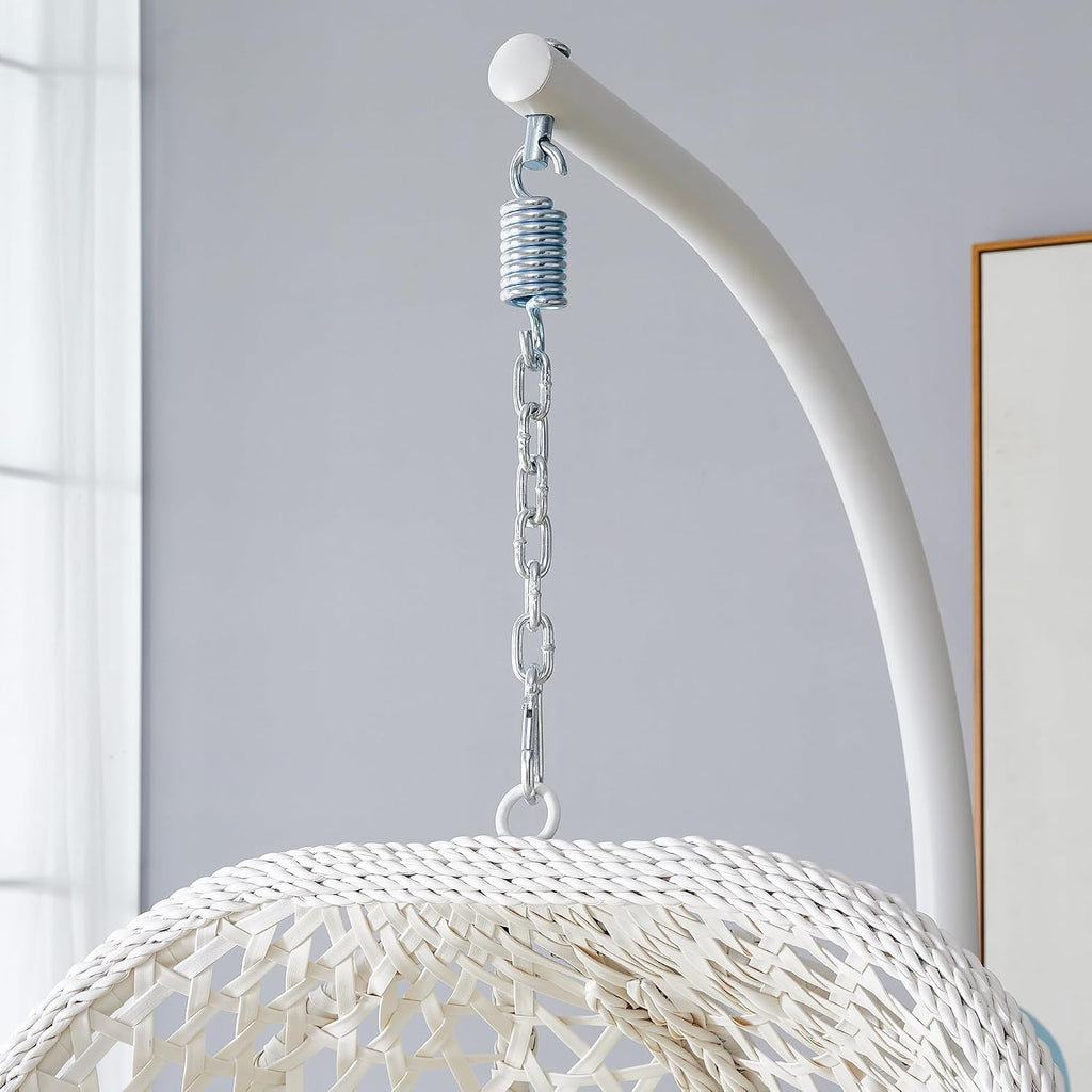 Egg Swing Chair Outdoor with Stand, Hanging Egg Rattan Basket Chair with Cushion and Pillow, Lounge Chairs, Foldable Basket and Metal Stand for Porch, Patio, Bedroom, Balcony,Yard (White)