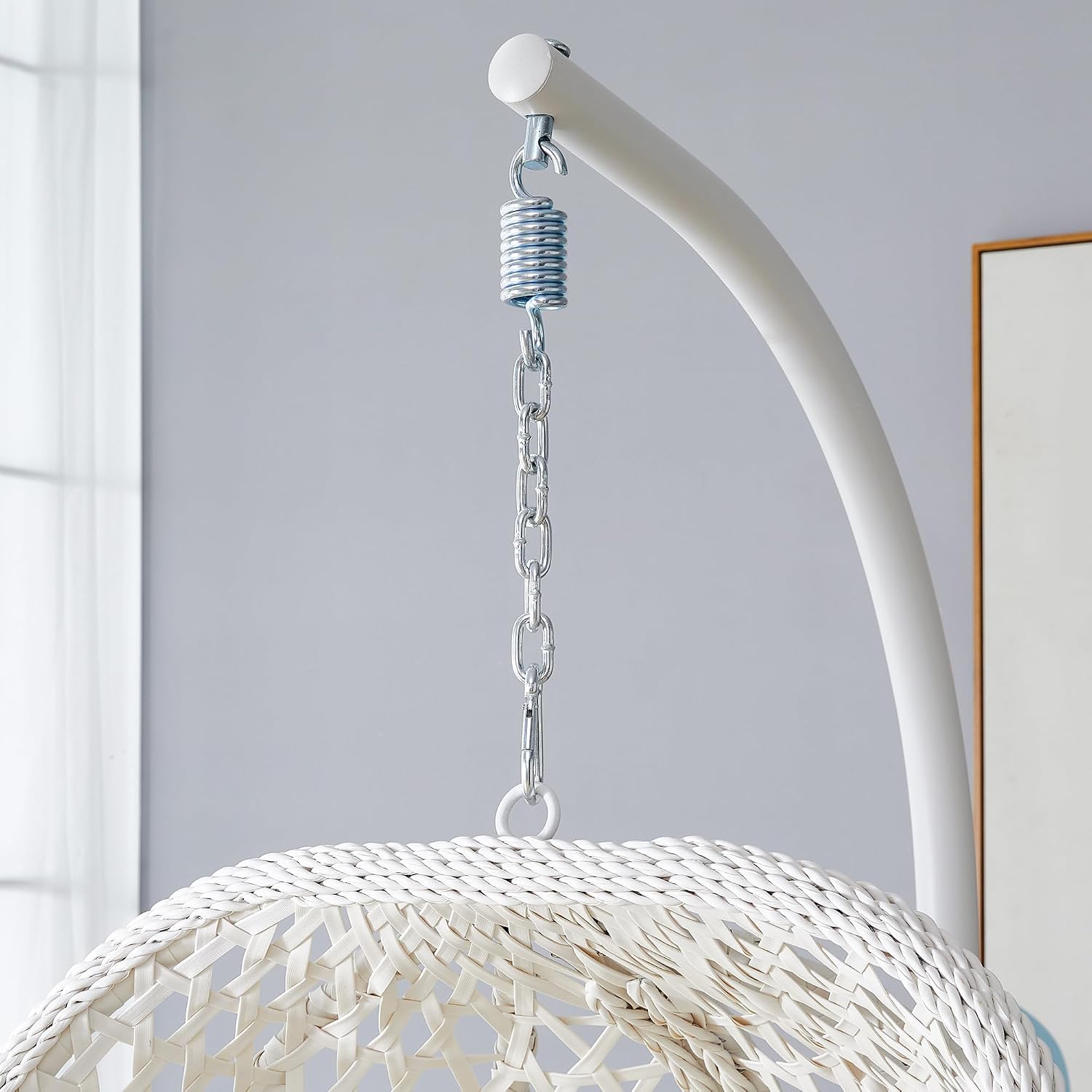 Egg Swing Chair Outdoor with Stand, Hanging Egg Rattan Basket Chair with Cushion and Pillow, Lounge Chairs, Foldable Basket and Metal Stand for Porch, Patio, Bedroom, Balcony,Yard (White)