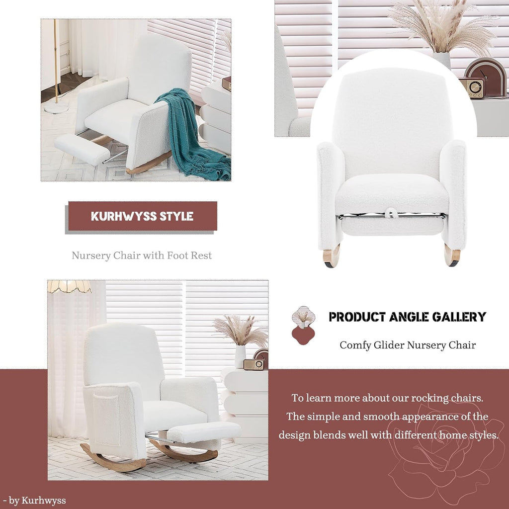 Modern Rocking Chair Nursery, Comfy Glider Nursery Chair with Foot Rest, Upholstered Rocker with Pocket, Accent Reading Armchair with Solid Wood Base for Living Room, Bedroom, Lounge Room (Ivory)