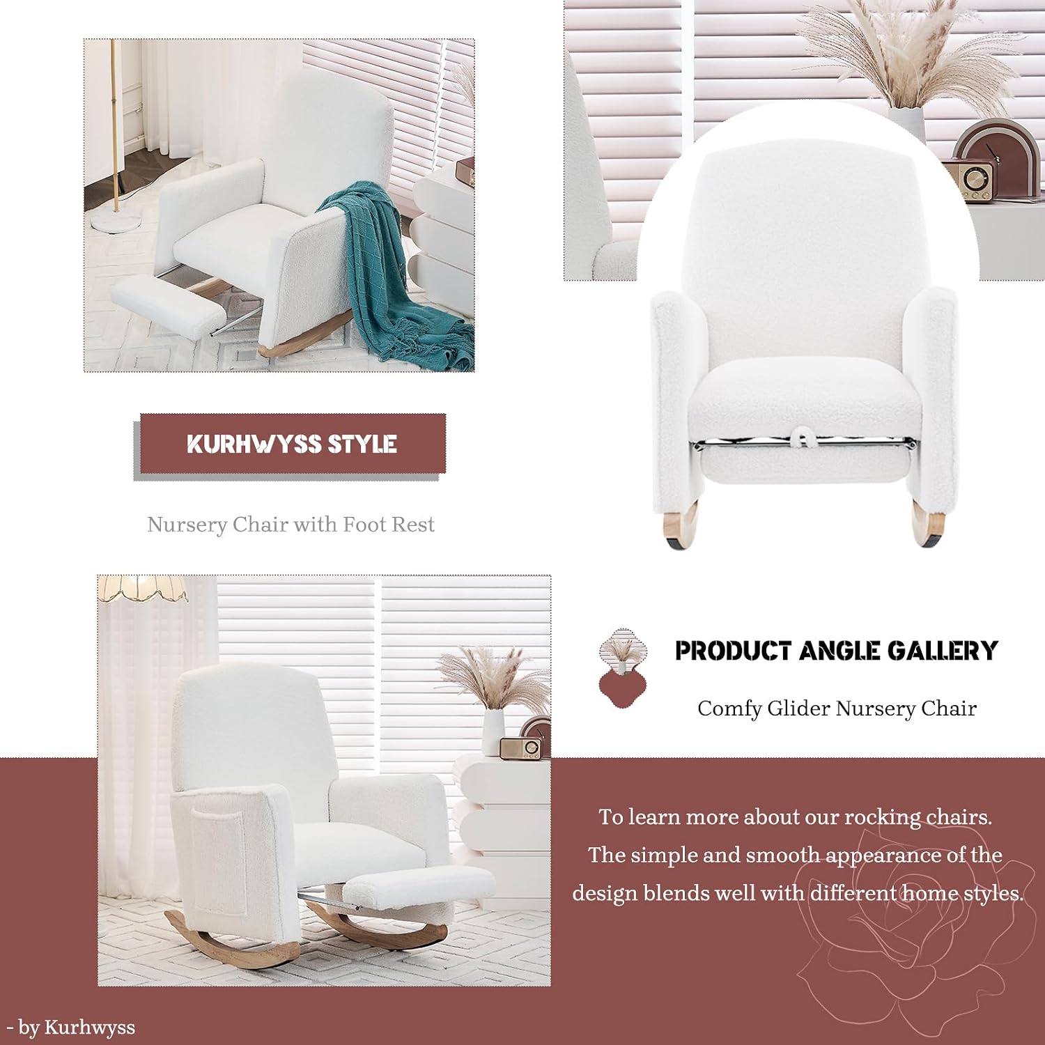 Modern Rocking Chair Nursery, Comfy Glider Nursery Chair with Foot Rest, Upholstered Rocker with Pocket, Accent Reading Armchair with Solid Wood Base for Living Room, Bedroom, Lounge Room (Ivory)