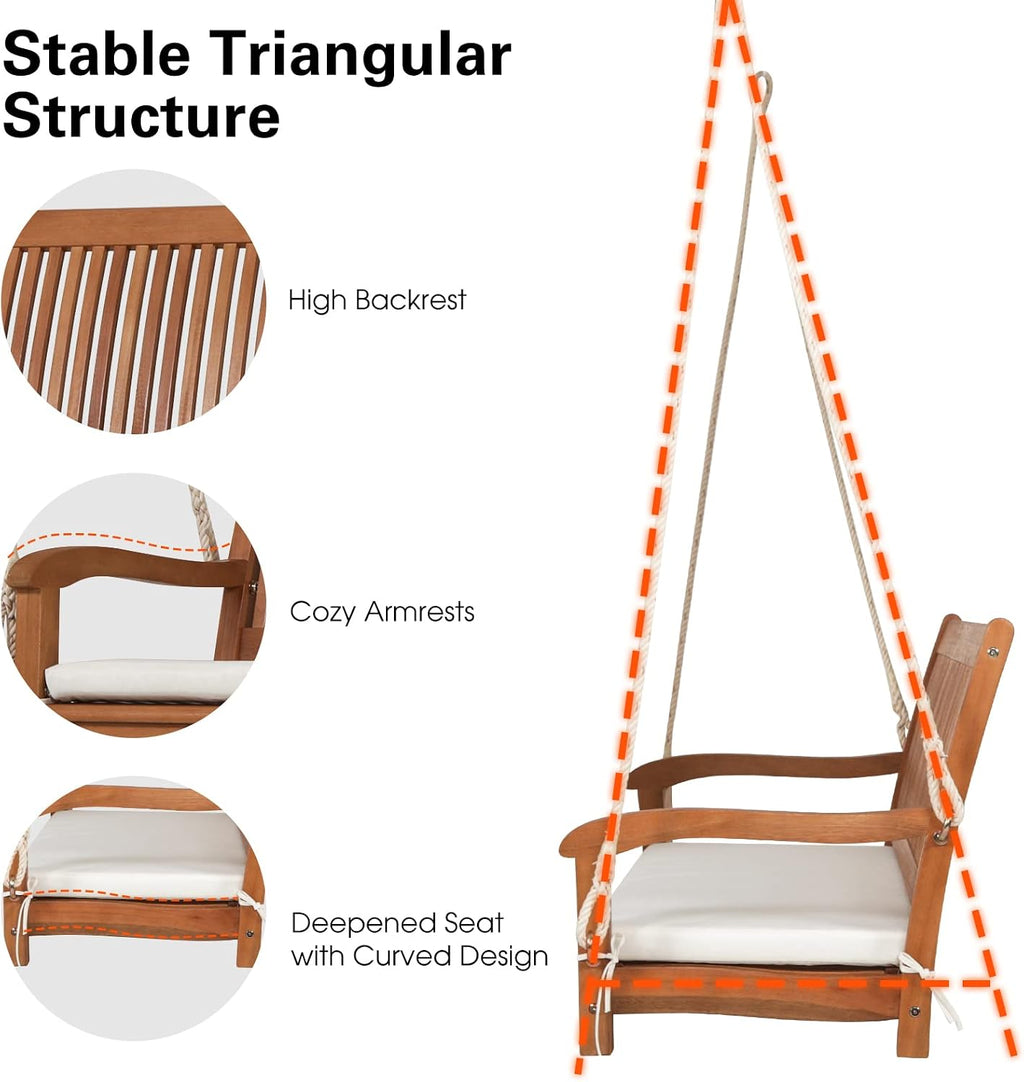 Tangkula 2 Person Hanging Porch Swing, Outdoor Bench Swing with Hanging Ropes, High Back, Cozy Armrests, Heavy Duty 800Lbs Wooden Hanging Swing Chair with Cushion for Backyard, Deck, Garden Natural