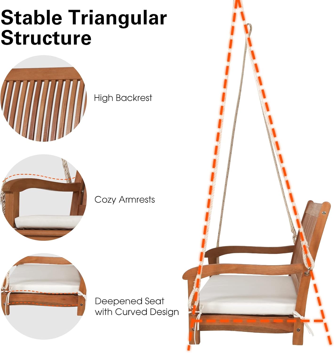 Tangkula 2 Person Hanging Porch Swing, Outdoor Bench Swing with Hanging Ropes, High Back, Cozy Armrests, Heavy Duty 800Lbs Wooden Hanging Swing Chair with Cushion for Backyard, Deck, Garden Natural