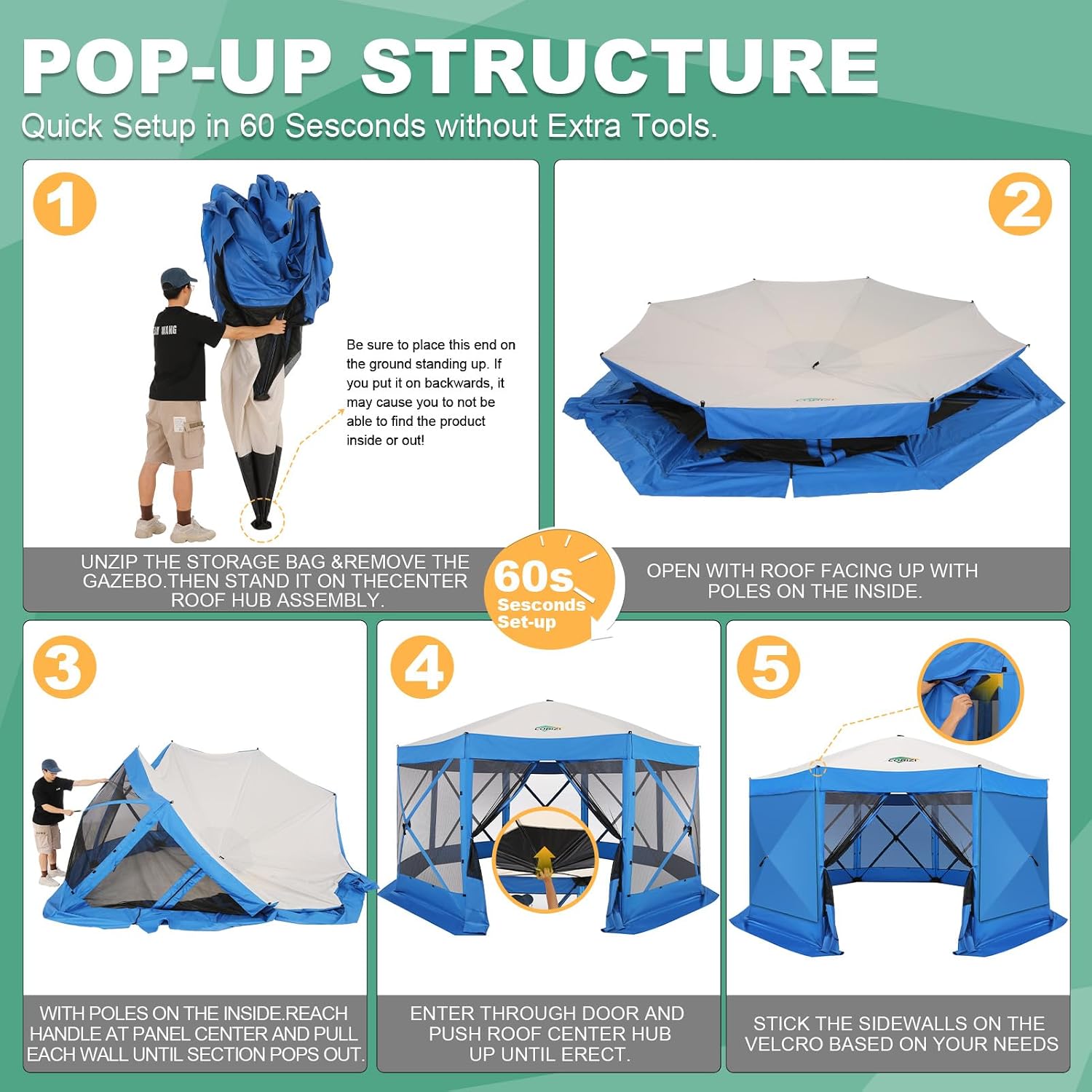 COBIZI 15x15ft Extra Large Pop Up Gazebo Canopy Tent with Mosquito Netting, Spacious Easy Set-Up Screened Shelter, Durable Outdoor Pavilion with Ground Stakes, Perfect for Patio, Backyard, Blue
