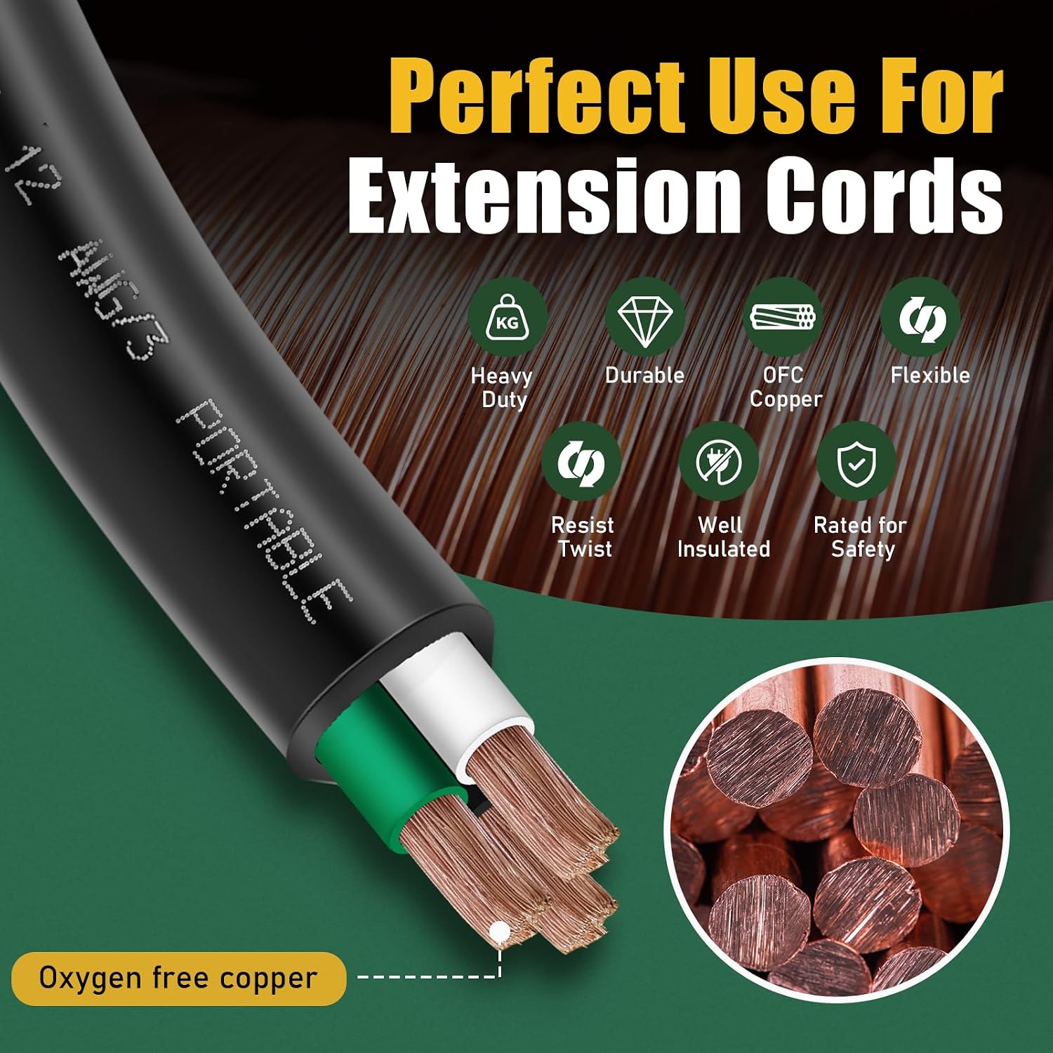 150ft 12/3 12 AWG Portable Power Cable (3 Conductor) - SOOW 600V 12 Gauge Electric Wire for Generator, Portable Lights, RV/EV Car Battery Chargers and Machinery - 150 Feet Electrical Cord