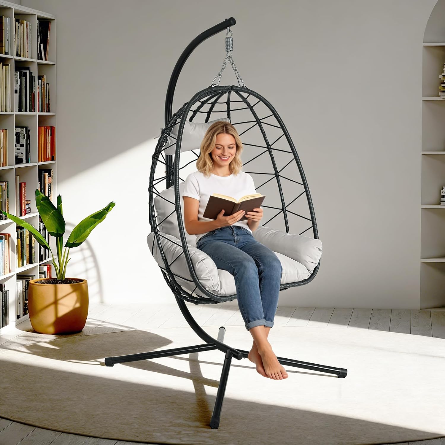 Egg Chair with Stand, Wicker Hanging Chair for Outdoor Patio, Cushioned Hammock Swing for Bedroom Garden Indoor/Outdoor, Double-Zipper Structure Hanging Egg Chair (Black Frame and Light Gray)