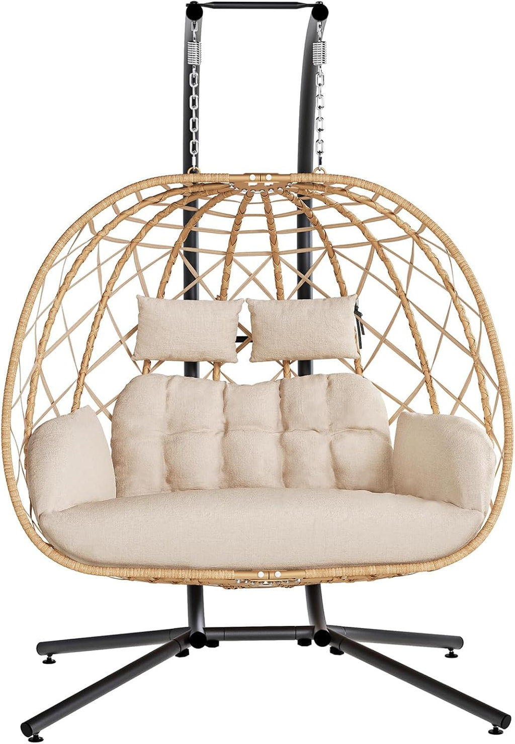 SWITTE Double Egg Swing Chair with Stand, 2 Person Outdoor Indoor Hammock Hanging Chair with Cushion for Patio Living Room 650 LBS Capacity-Beige