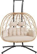 SWITTE Double Egg Swing Chair with Stand, 2 Person Outdoor Indoor Hammock Hanging Chair with Cushion for Patio Living Room 650 LBS Capacity-Beige
