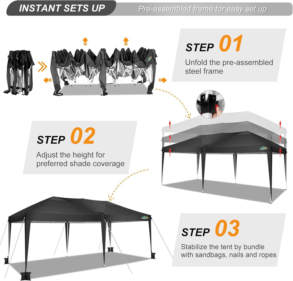 COBIZI 10x20 Pop Up Canopy Tent One Push Setup UV Protection 50+ Waterproof Party Tents for Parties Wedding Outdoor Commercial Event Gazebo Portable Instant Tent for Backyard Camping Carport,Black