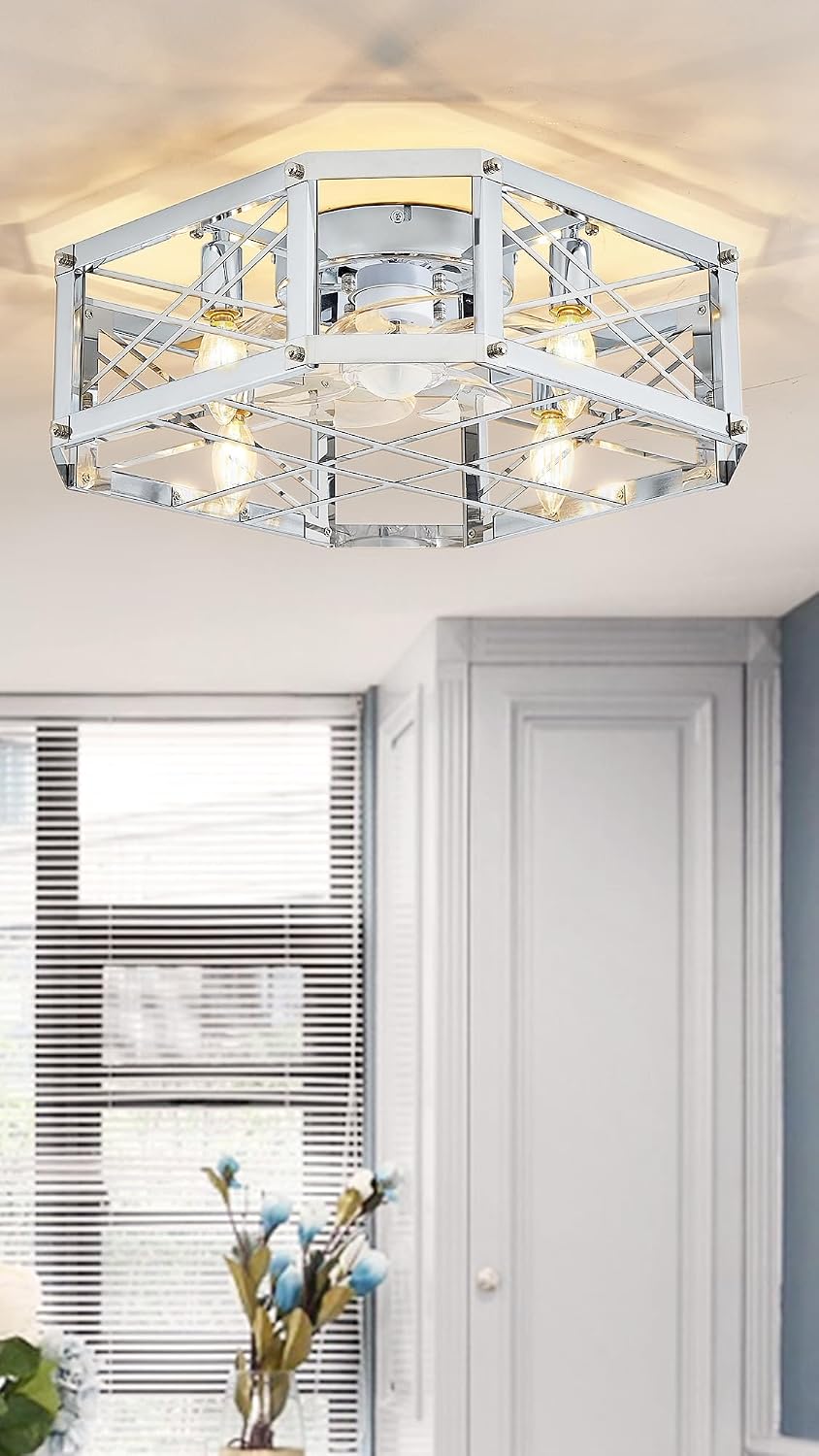 21'' Flush-Mount Ceiling Fan with Dimmable-Light and Memory Remote, Reversible-Motor, Perfect for Bedroom, Living room, Kitchen, Outdoor Gazebo, Patio, Low-Profile Design Sliver Cage