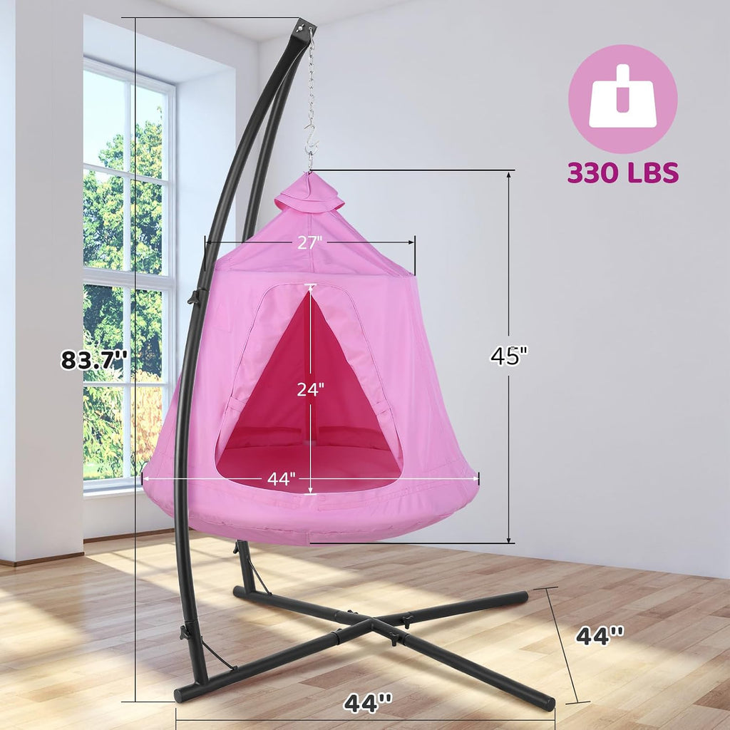 Arlopu Hanging Hammock w(Tree Tent & Metal Swing Chair) for Indoor/Outdoor, Egg Basket Patio Seat w/Adjustable Solid Stand, Porch Bedroom Balcony Chair (Pink)