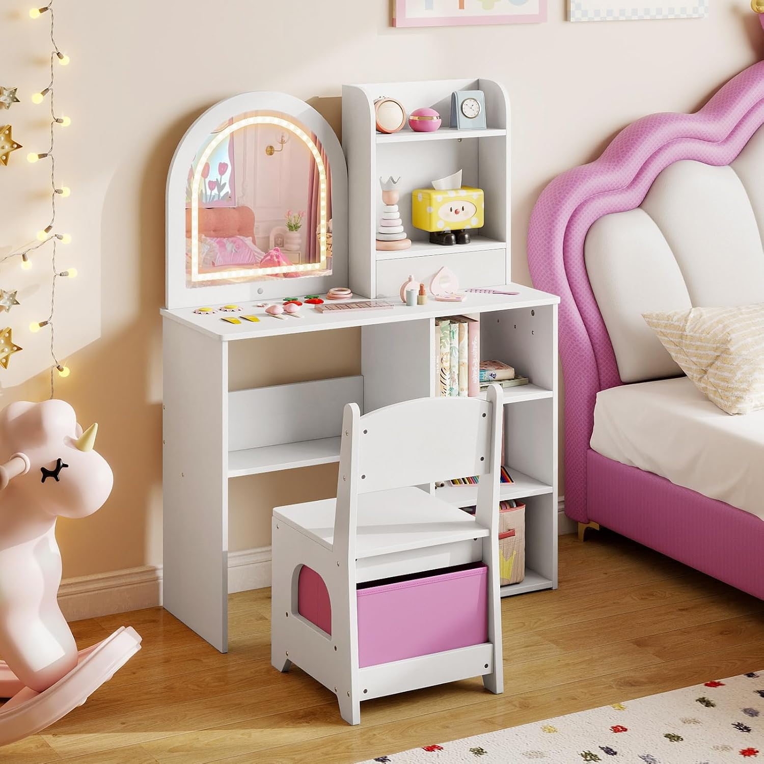 Costzon Kids Vanity with Lights, Girls Vanity Set with Mirror, Storage Drawer, Hooks & Shelves, Toddler Makeup Vanity Desk Dressing Table, Wooden Kids Vanity Table and Chair Set (White)