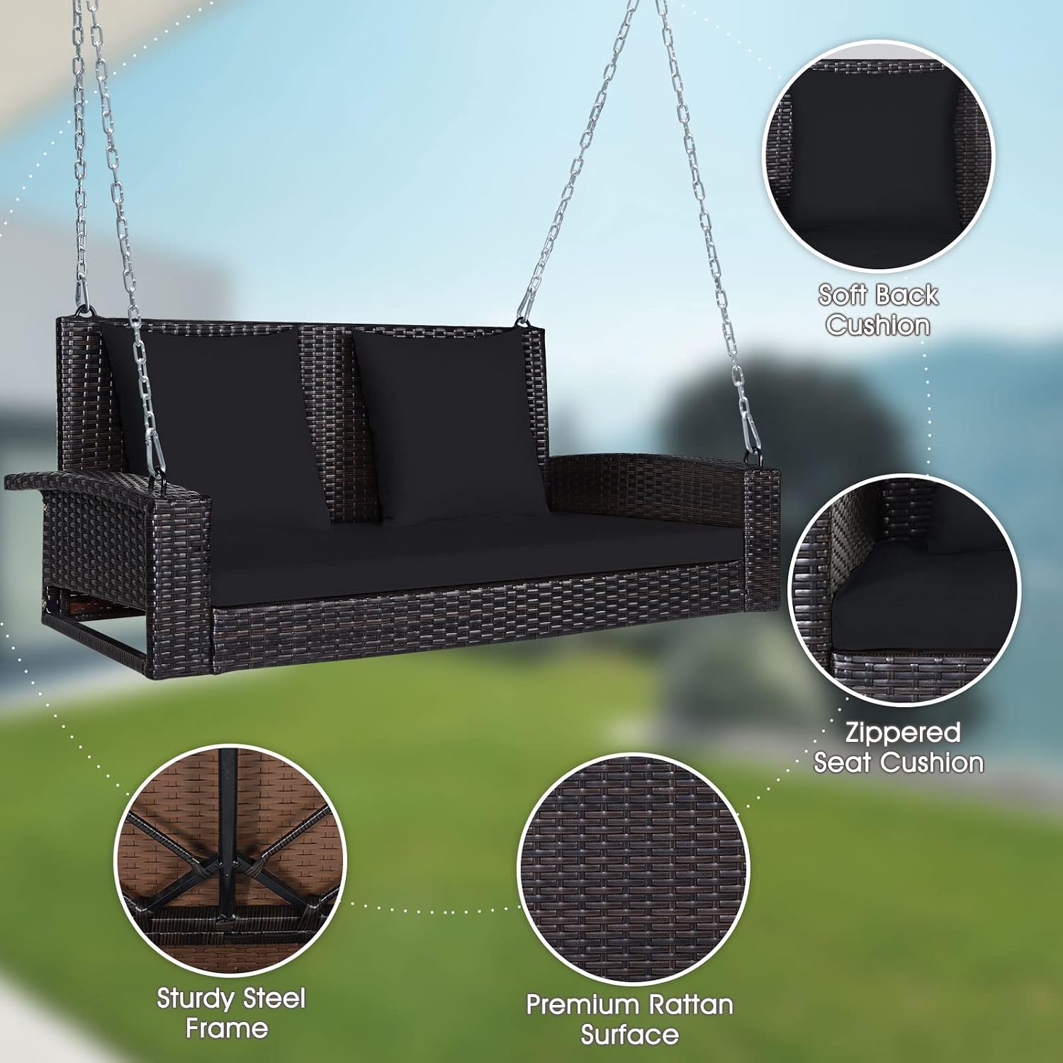 Tangkula 2-Person Wicker Porch Swing, Patiojoy Outdoor Rattan Hanging Swing Bench W/ 2 Back Cushions & 1 Seat Cushion, Sturdy Steel Chain, 800lbs Weight Capacity