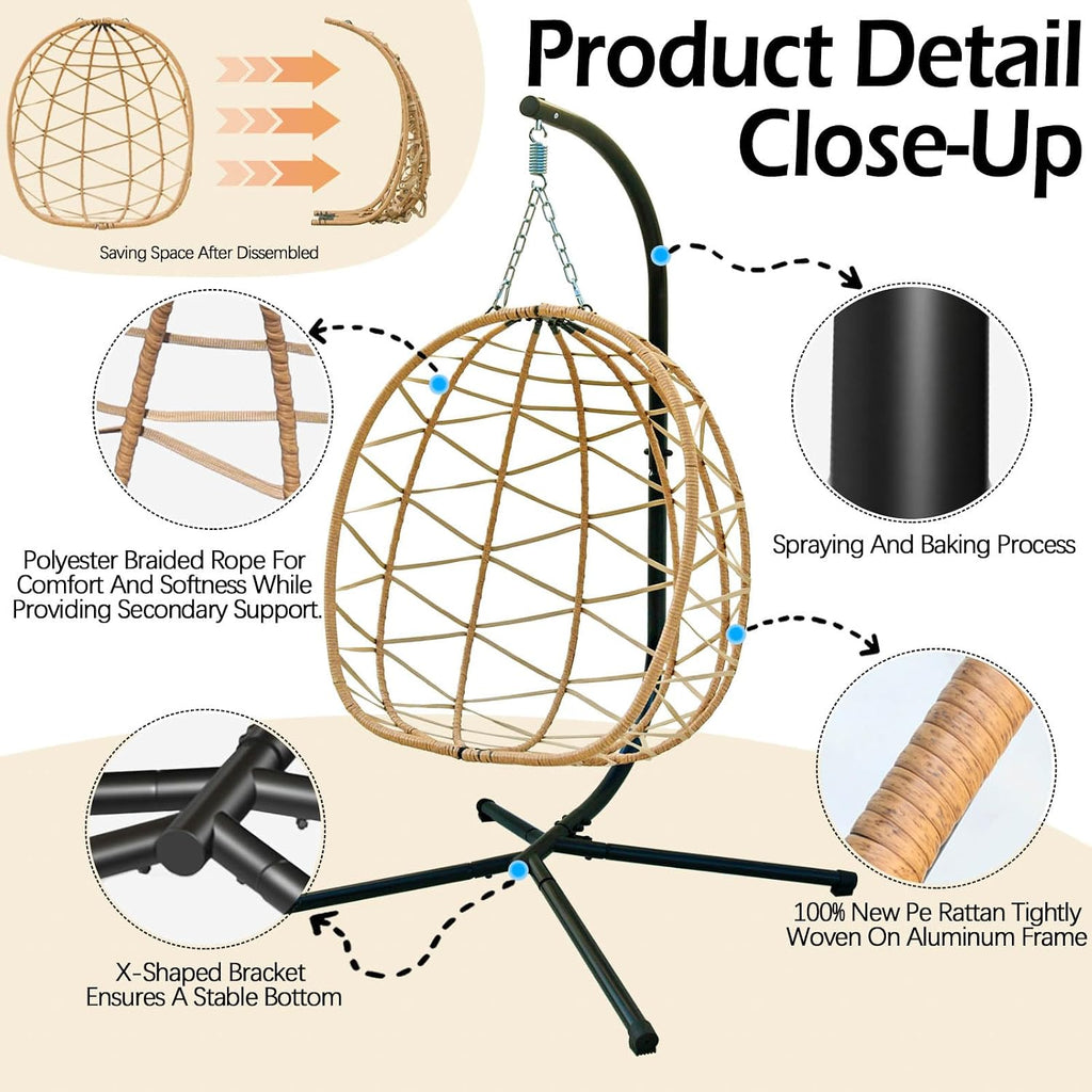 Hanging Egg Chair Swing with Stand, Hanging Chair, Webbing & PE Rattan Weaving, Thickened UV Resistant Cushion & Alloy Steel Frame, for Patio Bedroom Balcony (YB)