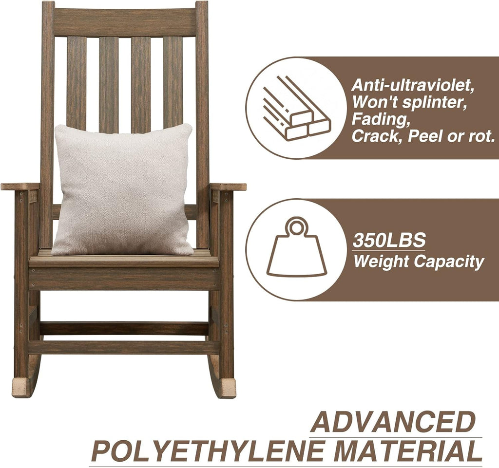 Rocking Chair Outdoor, HDPE Oversized Patio Rocking Chairs, Weather Resistant, 350lbs Heavy Duty Porch Rocker with High Back for Backyard, Fire Pit, Garden and Indoor (Brown)