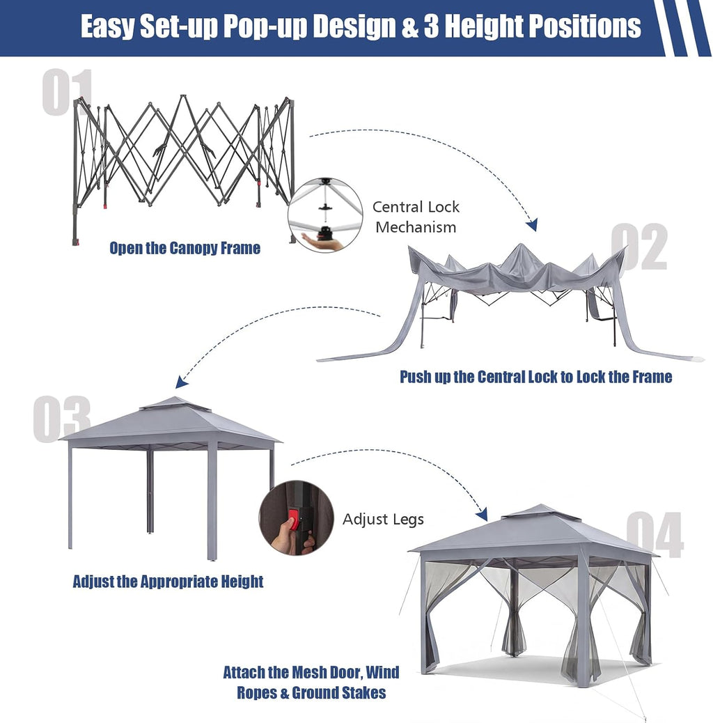 Tangkula 11x11 Ft Pop up Gazebo, 2-Tier Outdoor Patio Gazebo with Netting, Carry Bag, 121 Square Feet of Shade for Backyard, Deck, Poolside