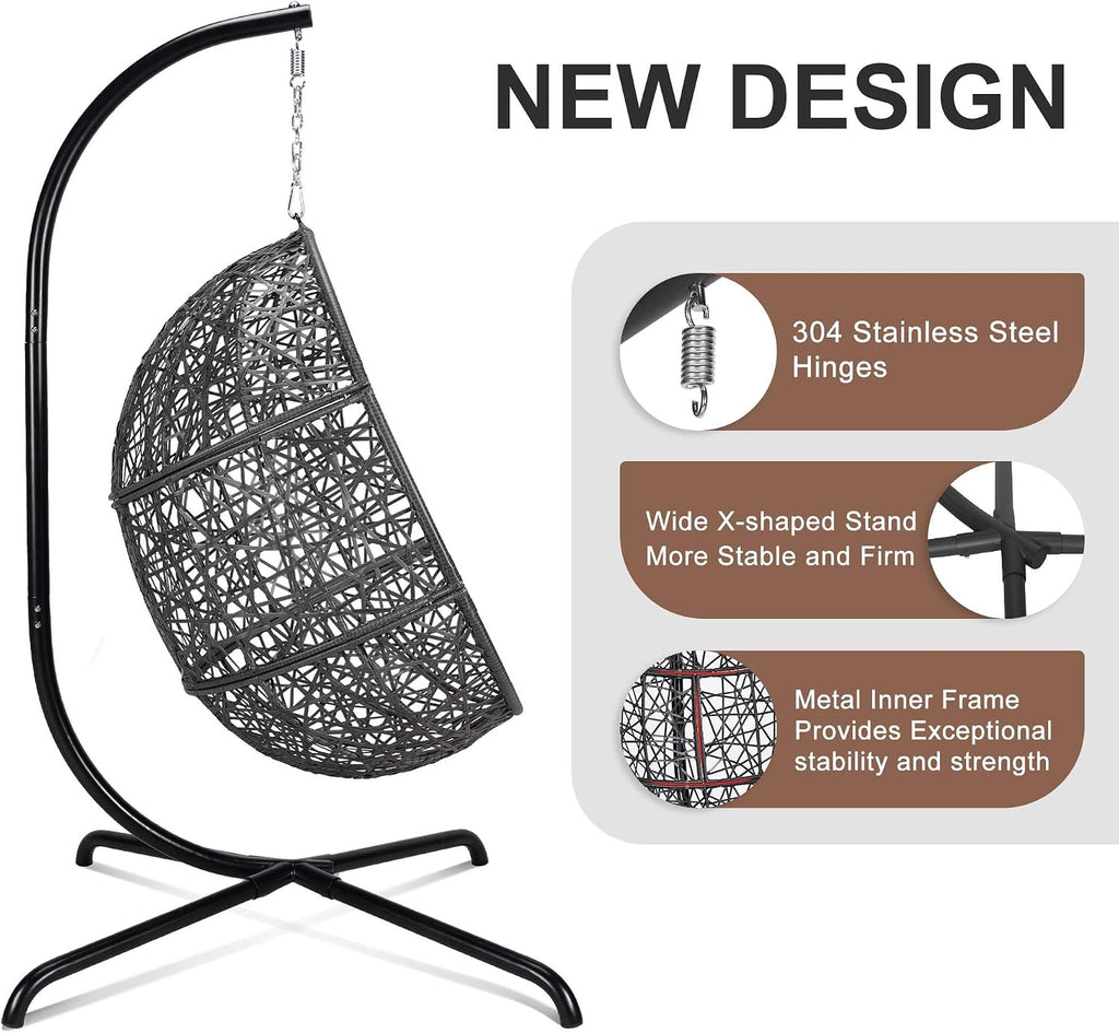 NICESOUL Bird Cage Swing Egg Chair, UV/Water-Resistant 450lbs Capacity Wicker Swinging Chairs with Stand, Comfy Oversized Hanging Seat w/Cushion, Metal Frame & Cover for Indoor Outdoor, Grey & Beige