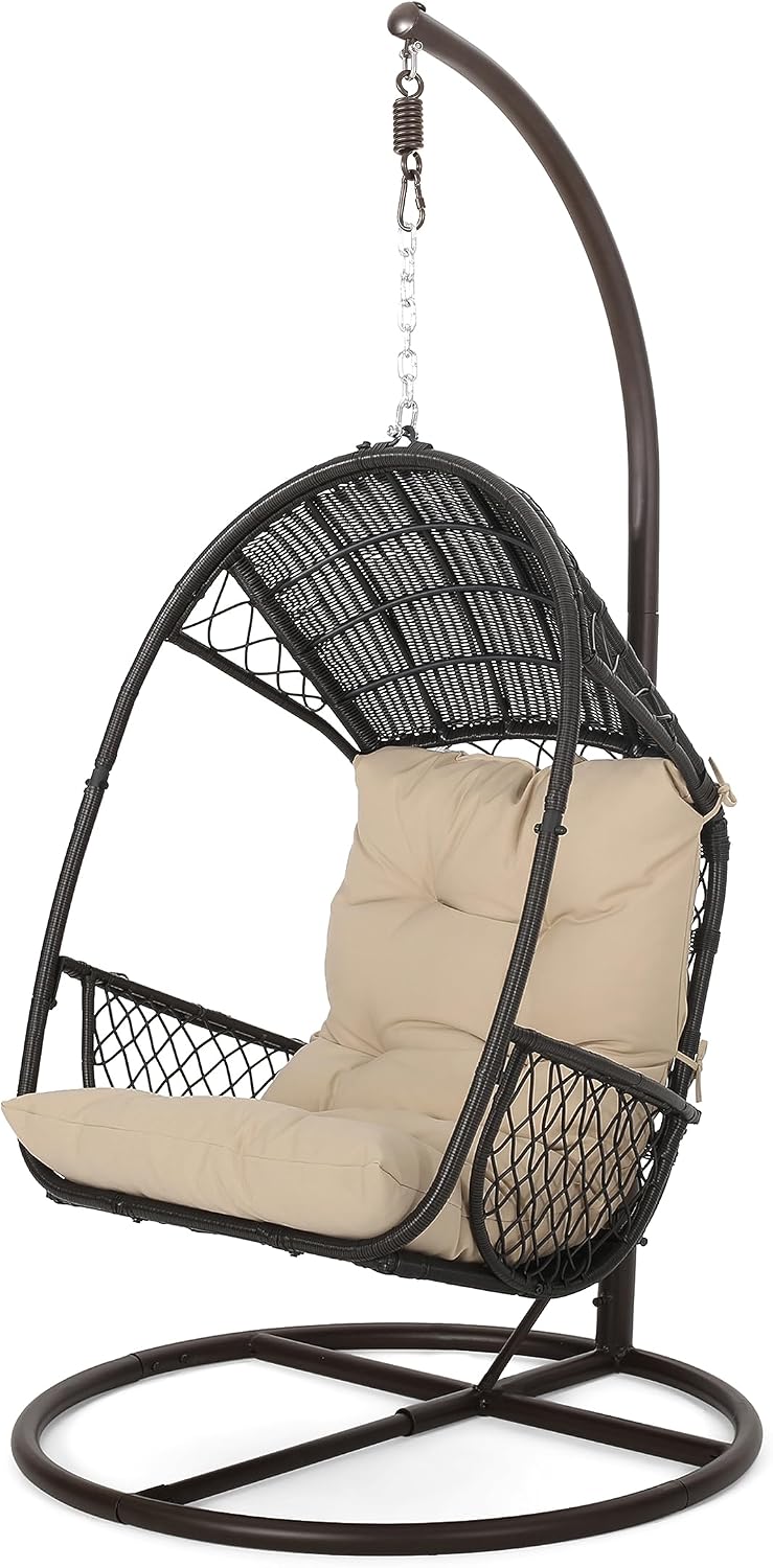 GDF Studio Outdoor Wicker Hanging Chair with Stand,Egg Swing Hammock Chair, Indoor Outdoor Wicker Egg Chair with Cushion for Patio Bedroom Porch Garden,400Lbs Capacity,Brown and Tan