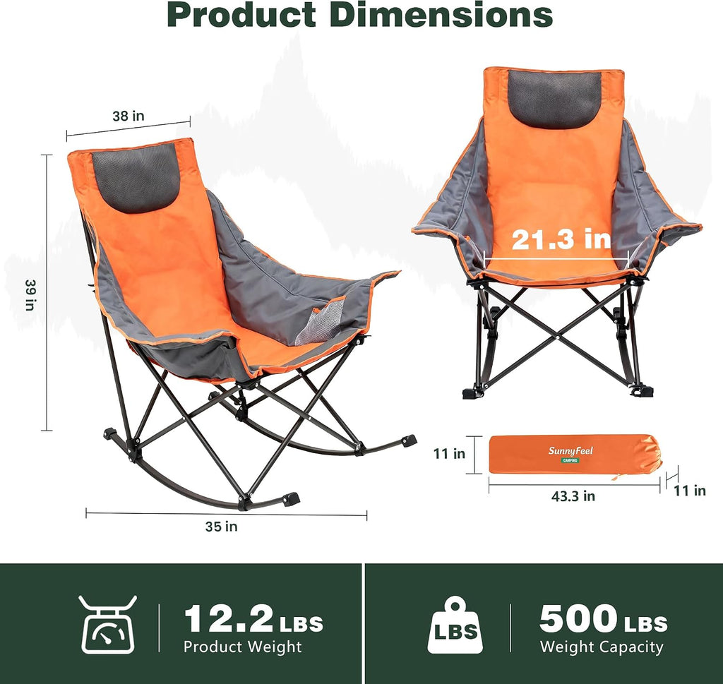 SUNNYFEEL Oversized Rocking Camping Chair 2 Pack, Fully Padded Patio Chair with Side Pocket, High Back Portable Lawn Recliner with Carry Bag, Outdoor Rocker Camp Chairs for Adults Heavy Duty 500 LBS