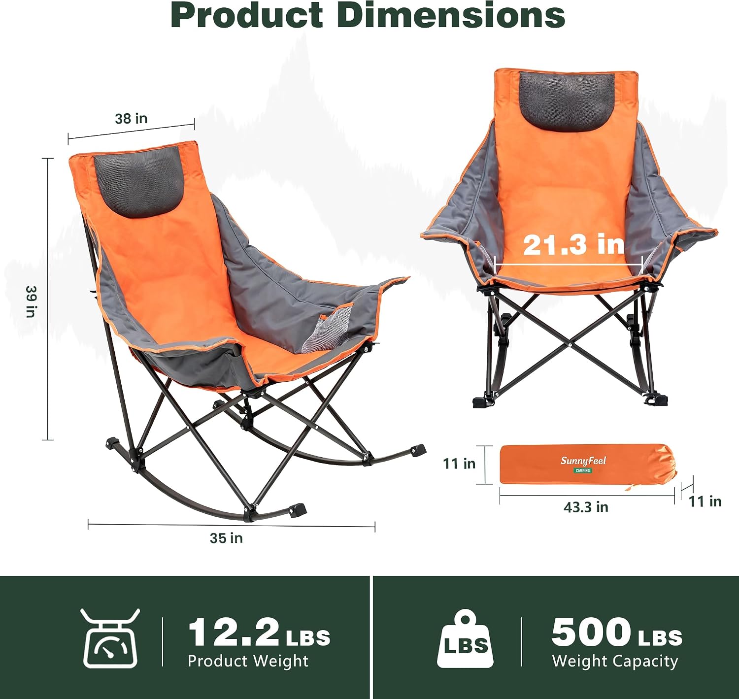 SUNNYFEEL Oversized Rocking Camping Chair 2 Pack, Fully Padded Patio Chair with Side Pocket, High Back Portable Lawn Recliner with Carry Bag, Outdoor Rocker Camp Chairs for Adults Heavy Duty 500 LBS