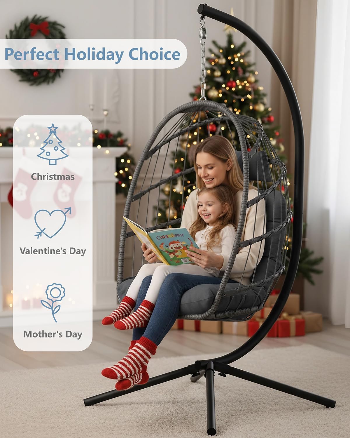 SWITTE Egg Chair Outdoor with Stand, Indoor Wicker Hanging Egg Swing Chair with Cushion, 350lbs Capacity for Patio, Bedroom, Garden - Dark Grey