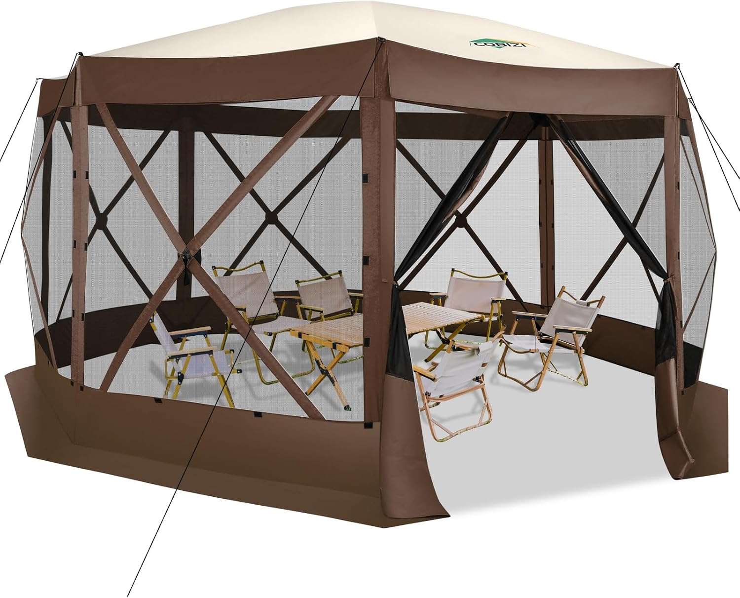 COBIZI Pop Up Gazebo Screen Tent Screen House for Camping, 15x15 Screen Room with Mosquito Netting, Hub Tent Instant Screened Canopy with Carrying Bag and Ground Stakes, Brown