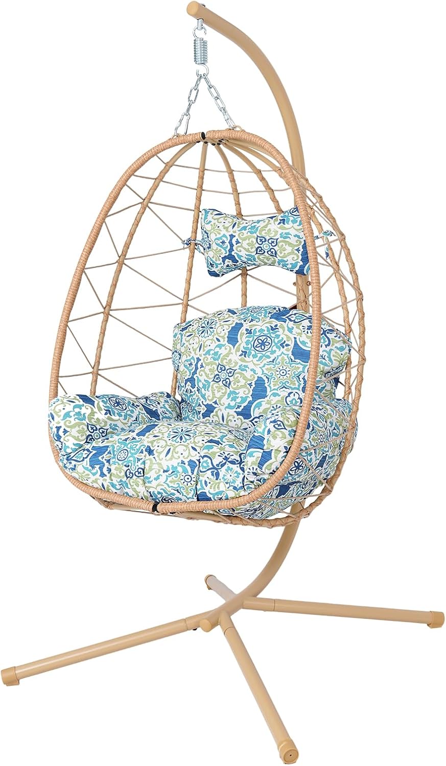 Egg Chair with Stand, Wicker Hanging Chair for Outdoor Patio, Cushioned Hammock Swing for Bedroom Garden Indoor/Outdoor, Double-Zipper Structure Hanging Egg Chair (Yellow and Moroccan)