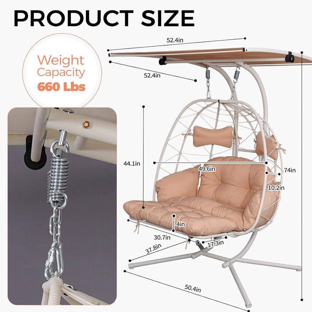 Double Egg Chair Outdoor with Stand & Canopy, 2 Person Hanging Egg Chair with Footrest, Oversized Rattan Wicker Egg Swing Chair for Bedroom Garden, 660Lbs, White-Beige
