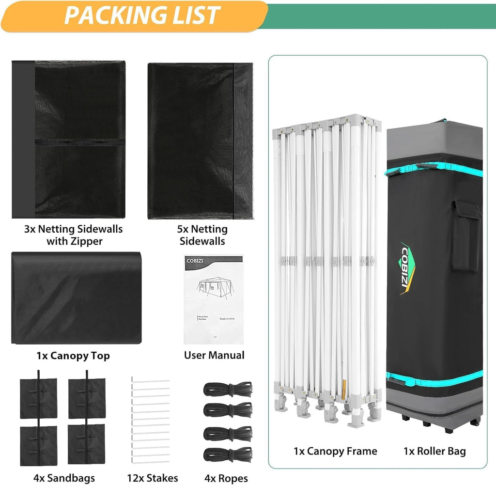COBIZI 10x30 Pop Up Canopy with Sidewalls, Heavy Duty Canopy with Mosquito Netting, Easy up Screen Party Tents for Parties Backyard Outdoor Commercial Event Gazebo with Roller Bag, Sandbags, Black