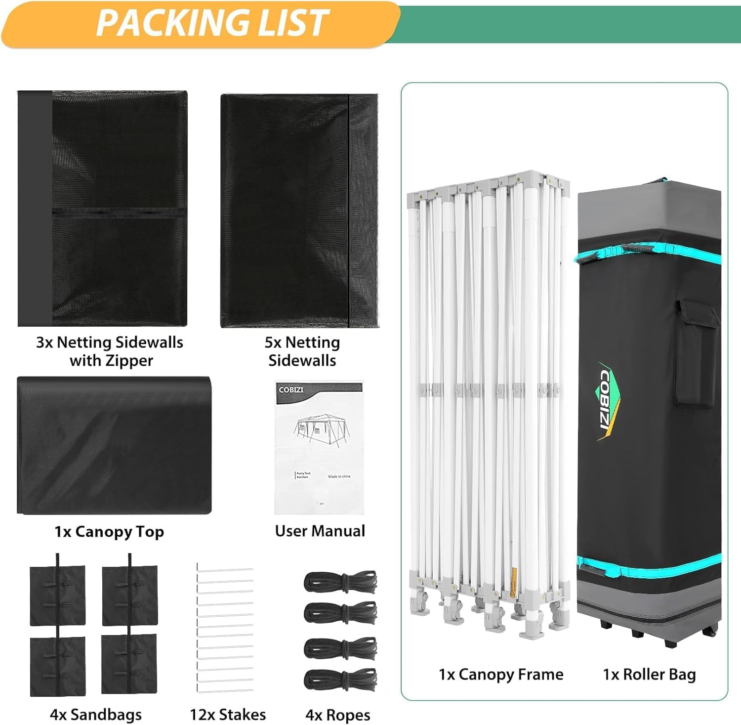 COBIZI 10x30 Pop Up Canopy with Sidewalls, Heavy Duty Canopy with Mosquito Netting, Easy up Screen Party Tents for Parties Backyard Outdoor Commercial Event Gazebo with Roller Bag, Sandbags, Black