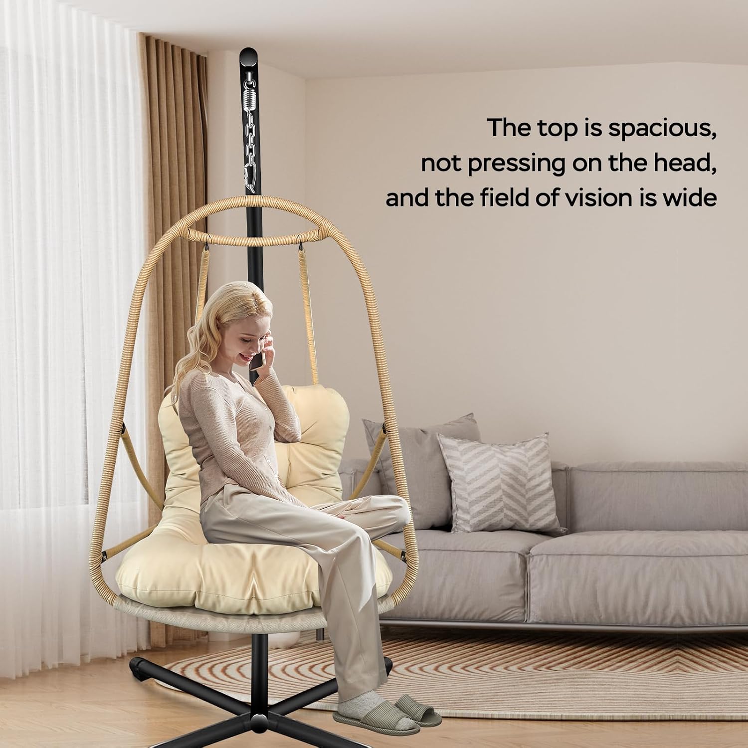 JESE Swing Egg Chair Foldable Frame Hanging Chairs, UV Resistant Waterproof Cushion and Cup Holder,Swing Hammock Chairs for Patio,Bedroom,Balcony, Garden-350lbs, Stand Included, Brown