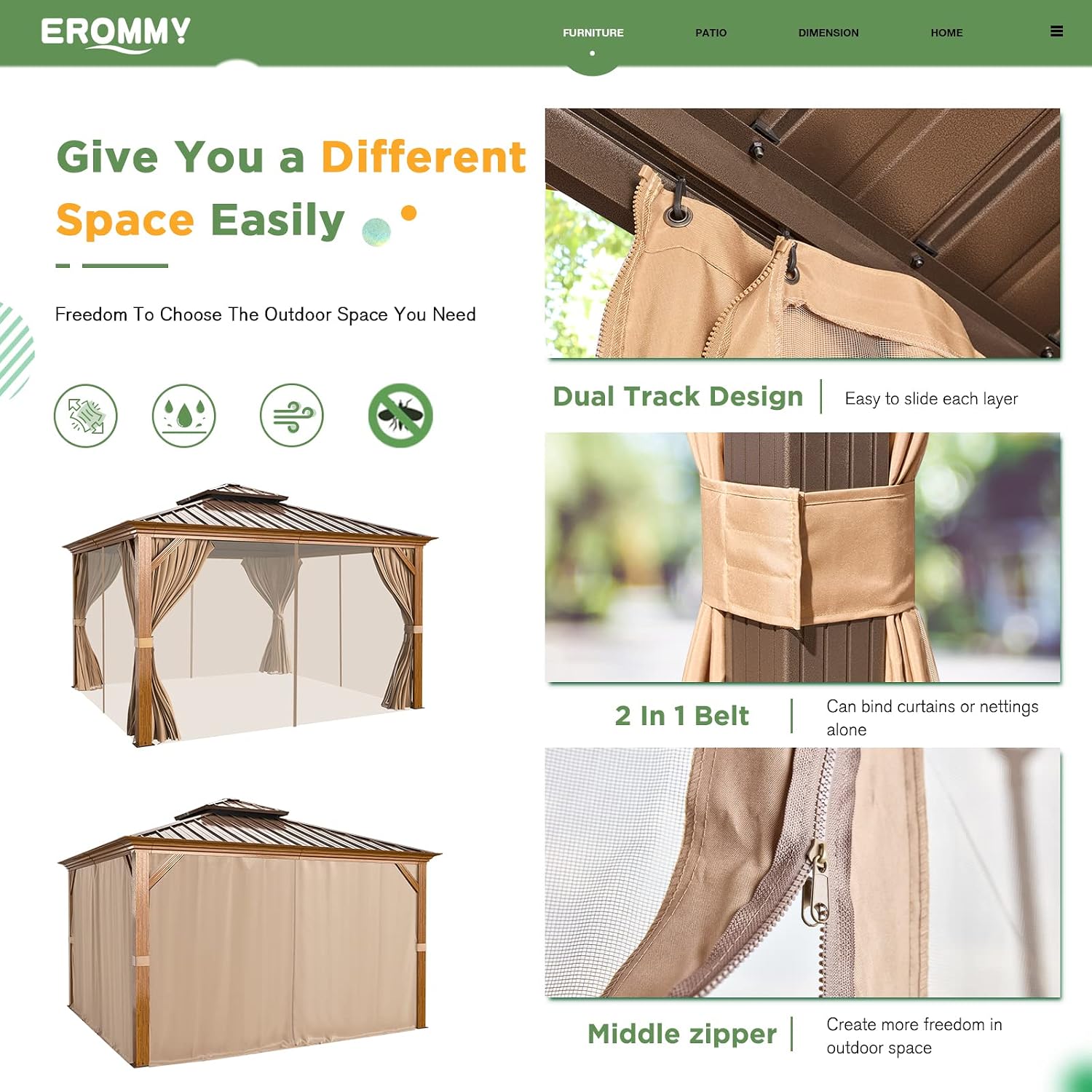 EROMMY 12' x 12' Gazebo, Wooden Finish Coated Aluminum Frame Canopy with Double Galvanized Steel Hardtop Roof, Outdoor Permanent Metal Pavilion with Curtains and Nettings for Patio, Backyard and Deck