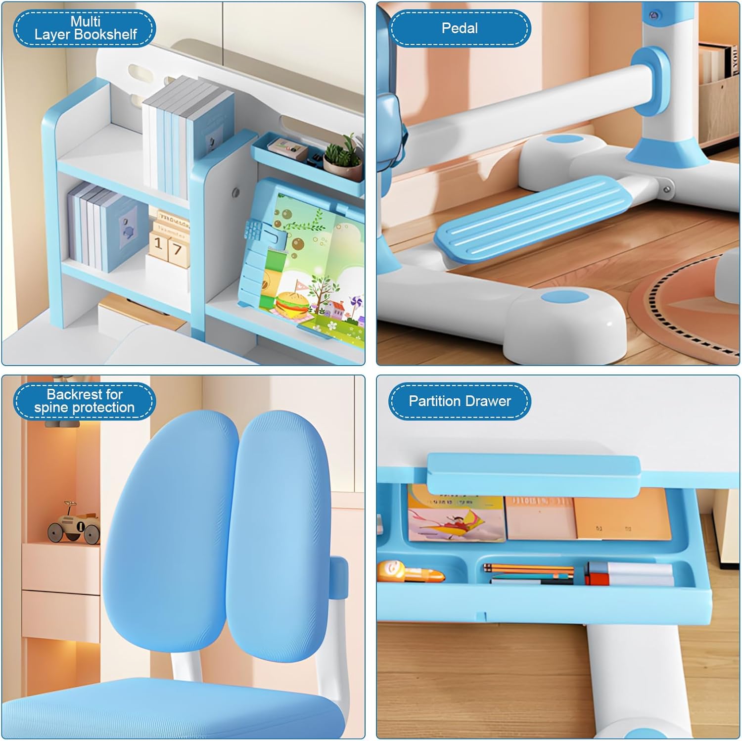 Kids Desk and Chair Set, Height Adjustable Kids Study Desk with Widened Tabletop,Tiltable Reading Stand, Spine Protect & Prevent Myopia, for Boys & Girls 3+ (Blue 2)