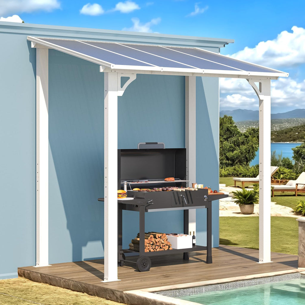 AECOJOY 8' x 5' White Gazebo Outdoor Pergola for Patio, Lean to Hard Top Grill Gazebo Shelter Pergolas and Gazebos Clearance with Roof, Small Wall-Mounted Heavy Duty Awnings for Patio, Decks, Backyard