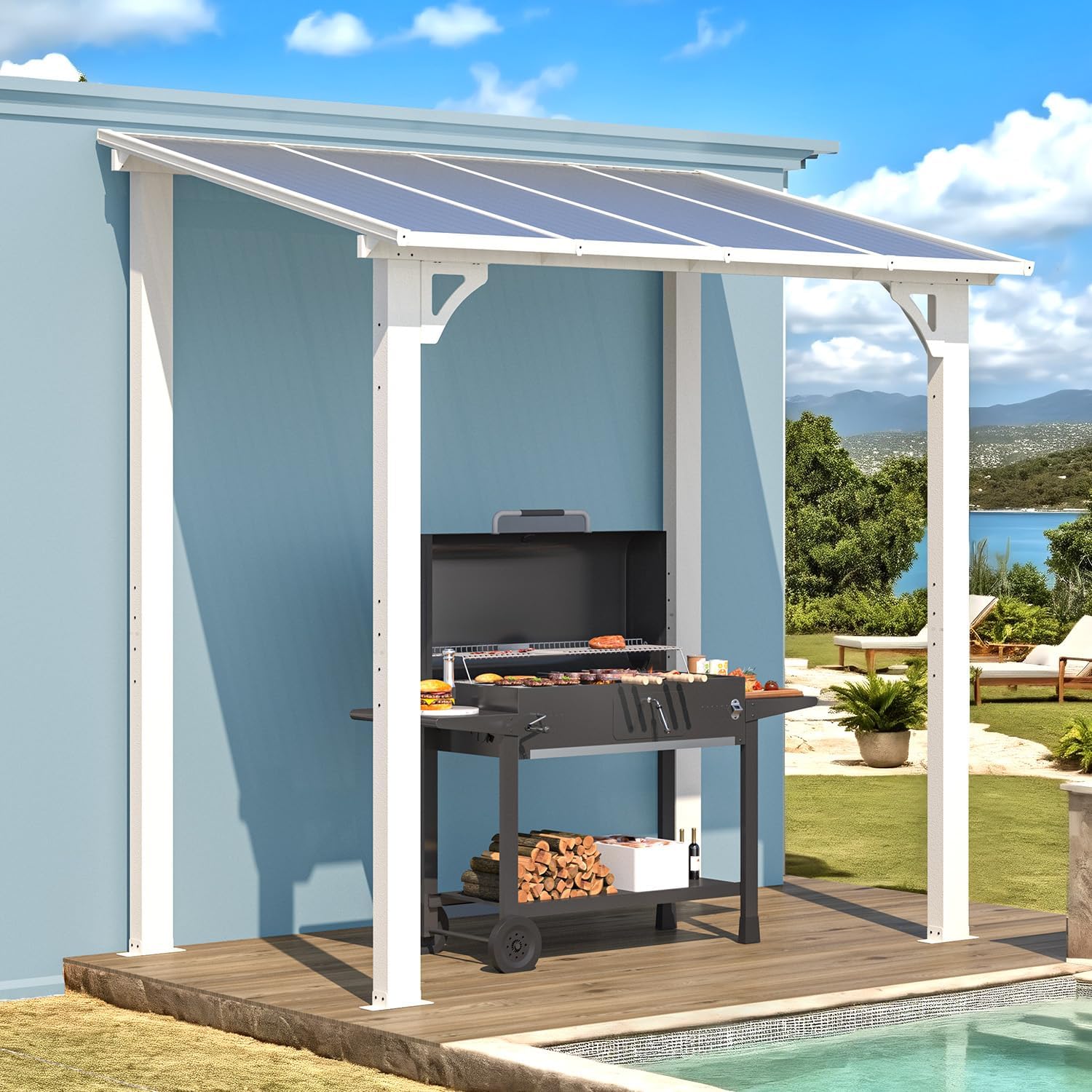 AECOJOY 8' x 5' White Gazebo Outdoor Pergola for Patio, Lean to Hard Top Grill Gazebo Shelter Pergolas and Gazebos Clearance with Roof, Small Wall-Mounted Heavy Duty Awnings for Patio, Decks, Backyard
