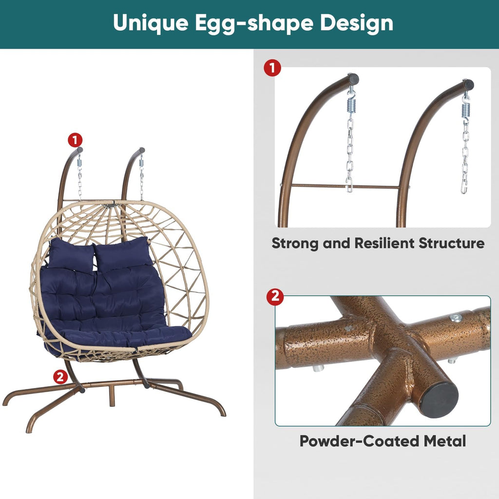 JOYBASE Double Swing Egg Chair with Stand, 2-Person Hanging Egg Chair Wicker Rattan Oversized Swinging Chair for Outdoor Indoor Garden Patio (Dark Blue Cushion and Beige Rattan)
