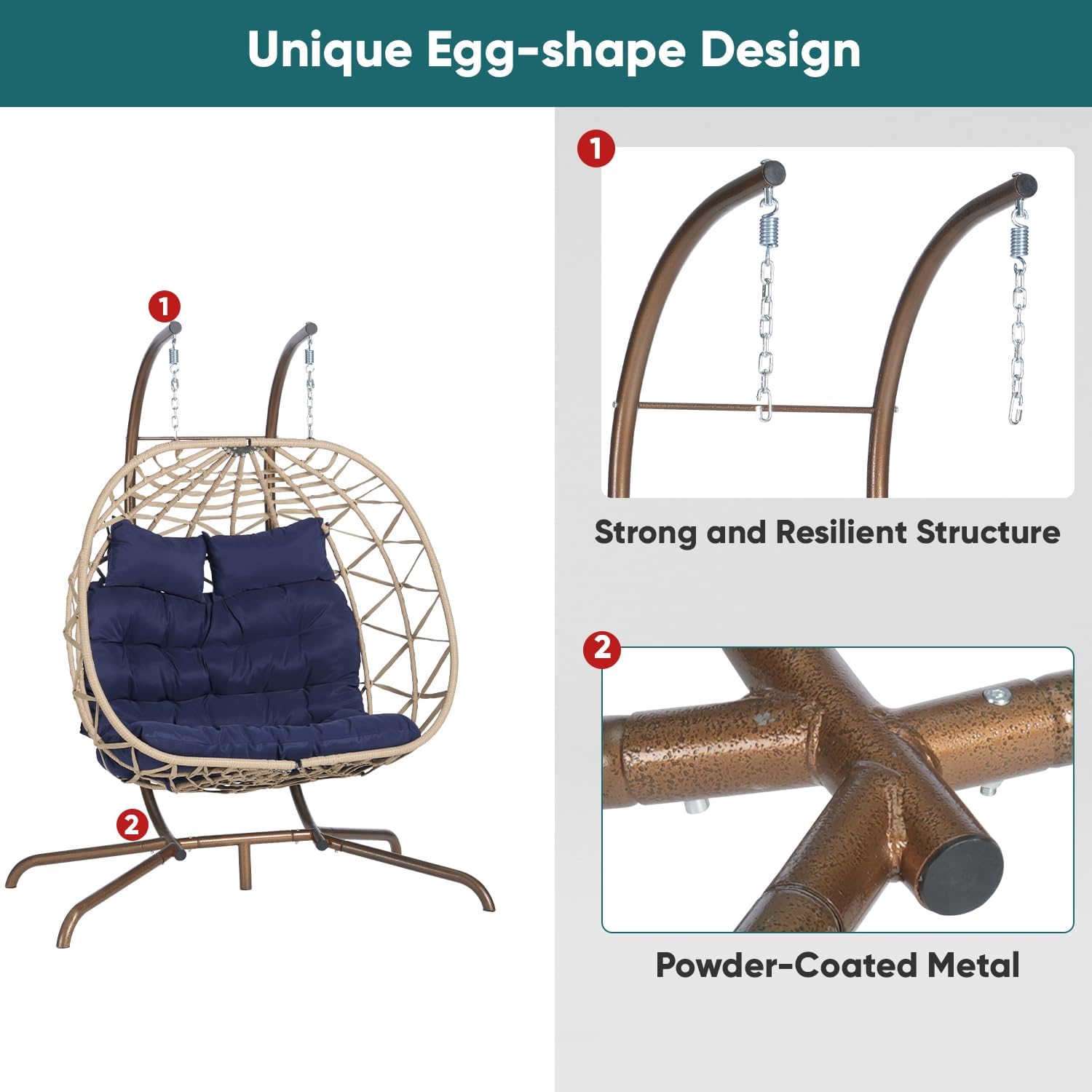 JOYBASE Double Swing Egg Chair with Stand, 2-Person Hanging Egg Chair Wicker Rattan Oversized Swinging Chair for Outdoor Indoor Garden Patio (Dark Blue Cushion and Beige Rattan)