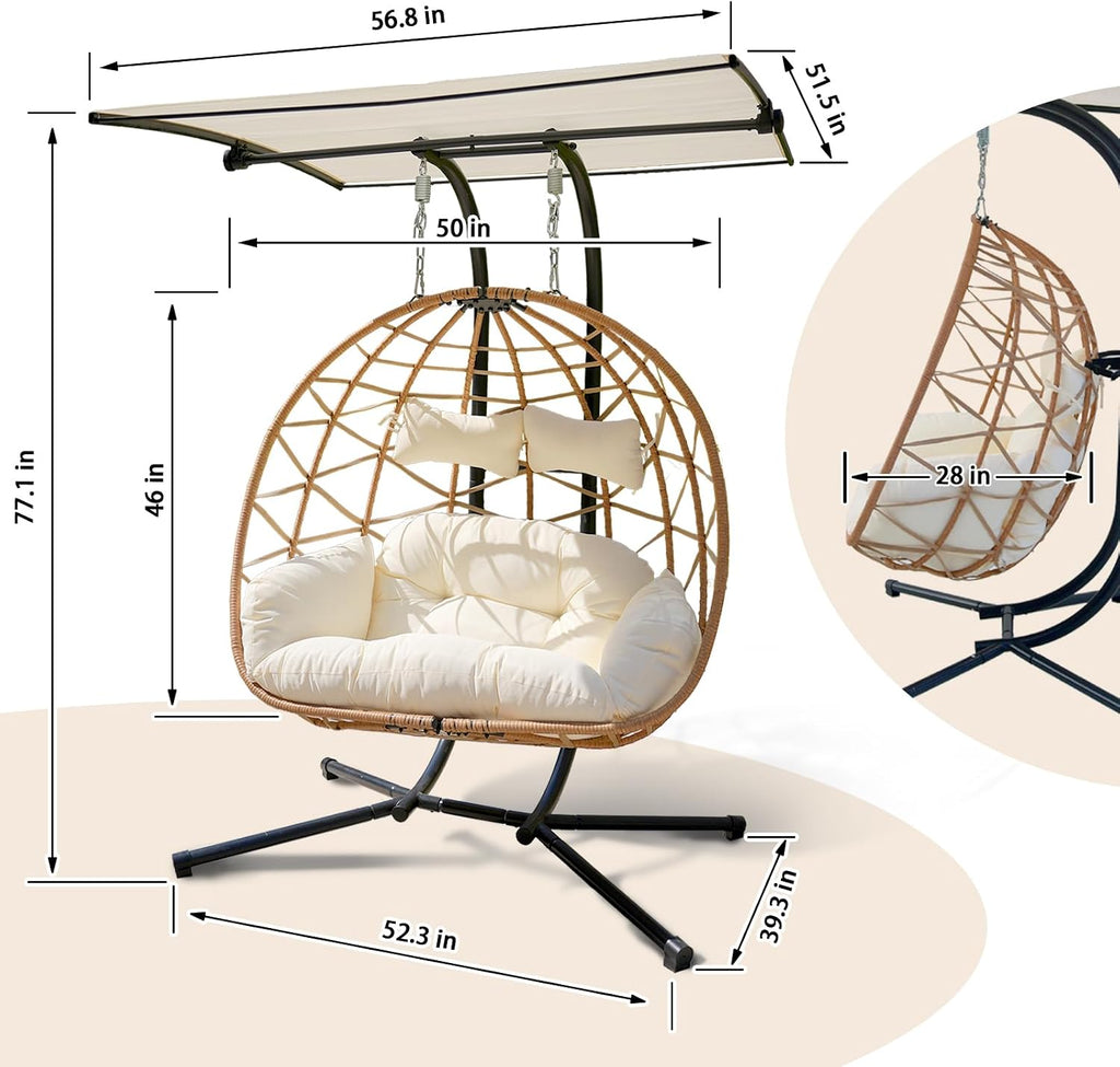Double Egg Swing Chair with Stand and Canopy Indoor Outdoor, All-Weather Pe Rattan and Sturdy Powder-Coated Steel Frame, Splash-Proof Fabric & Thickened Uv Resistant Cushion, 600lbs Capacity (YB)