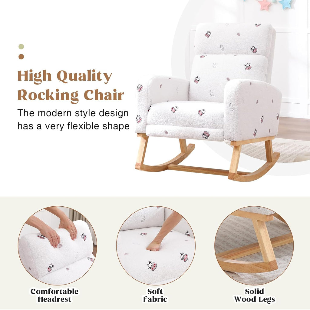 HCHAIRH Rocking Chair Nursery with Foot Rest, Nursing Rocking Chairs for Mom Breastfeeding, Teddy Rocker Glider Chair with High Backrest for Living Room, Bedroom, Cow Printed White