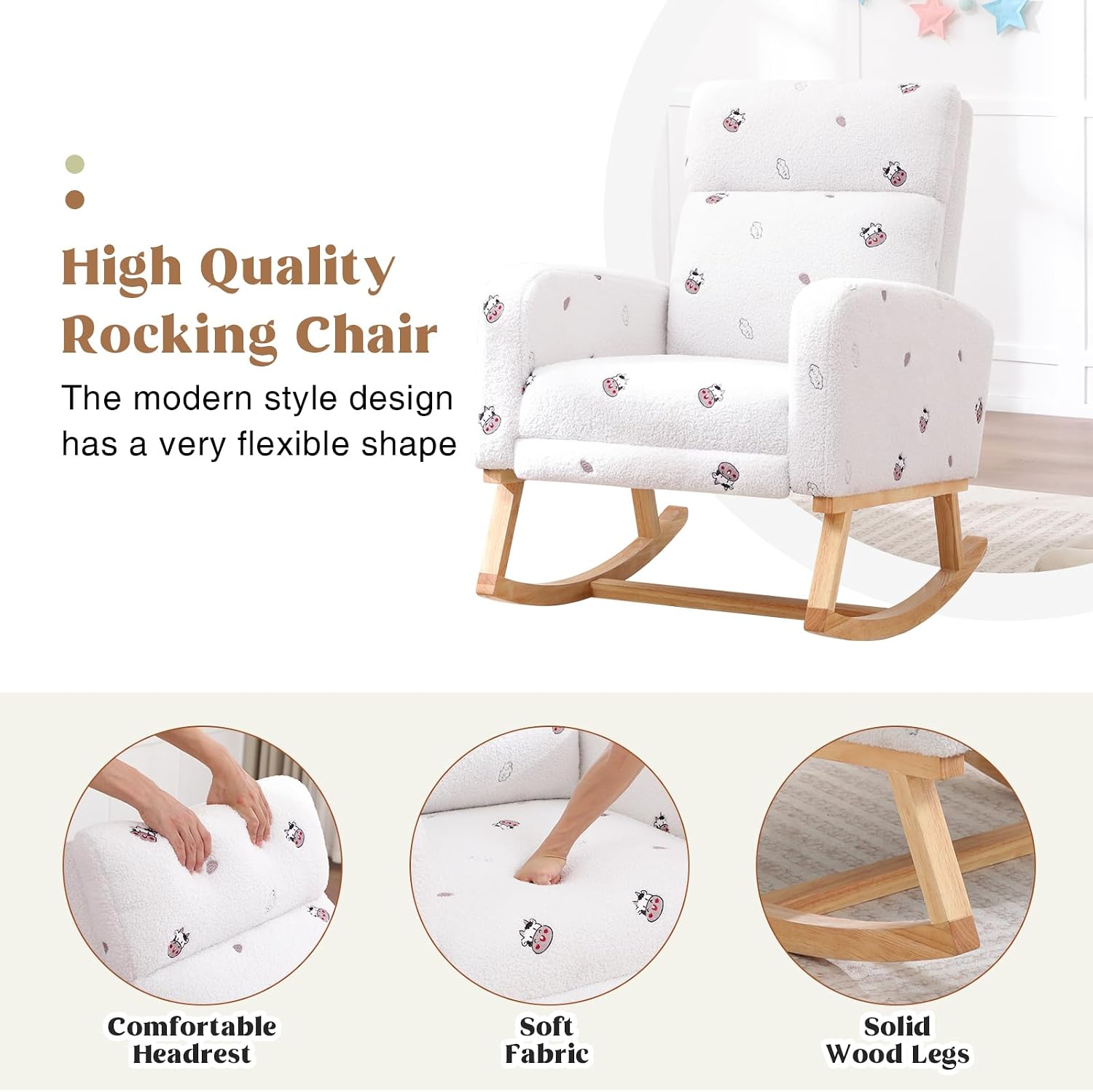 HCHAIRH Rocking Chair Nursery with Foot Rest, Nursing Rocking Chairs for Mom Breastfeeding, Teddy Rocker Glider Chair with High Backrest for Living Room, Bedroom, Cow Printed White