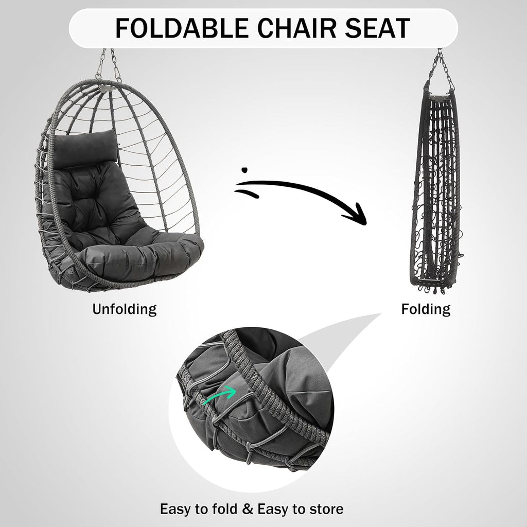Hanging Egg Chair with Stand, Outdoor Indoor Rattan Wicker Swing Chair, Foldable Patio Hammock with Cushion, Dark Grey, 350 LBS Capacity (Dark Grey)